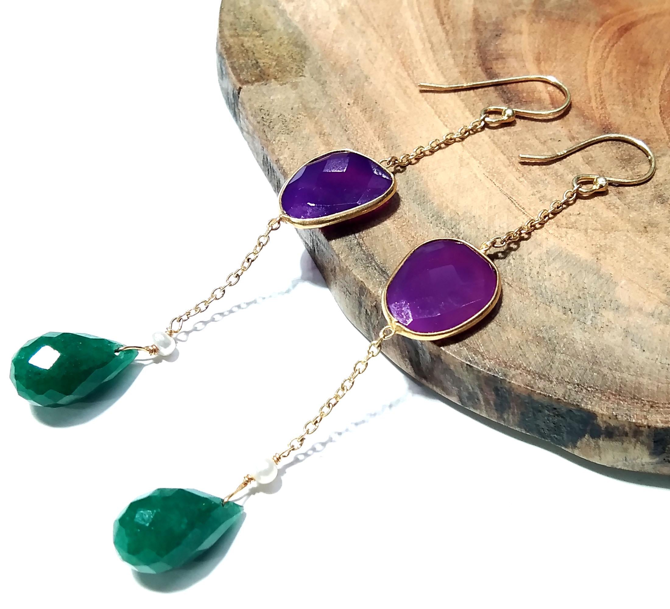 Natural Green Jade & Pink Chalcedony Gemstone Earring, 925 Starling Silver With Gold Plated Earring, Bezel Handmade Earring, For Girls/Women