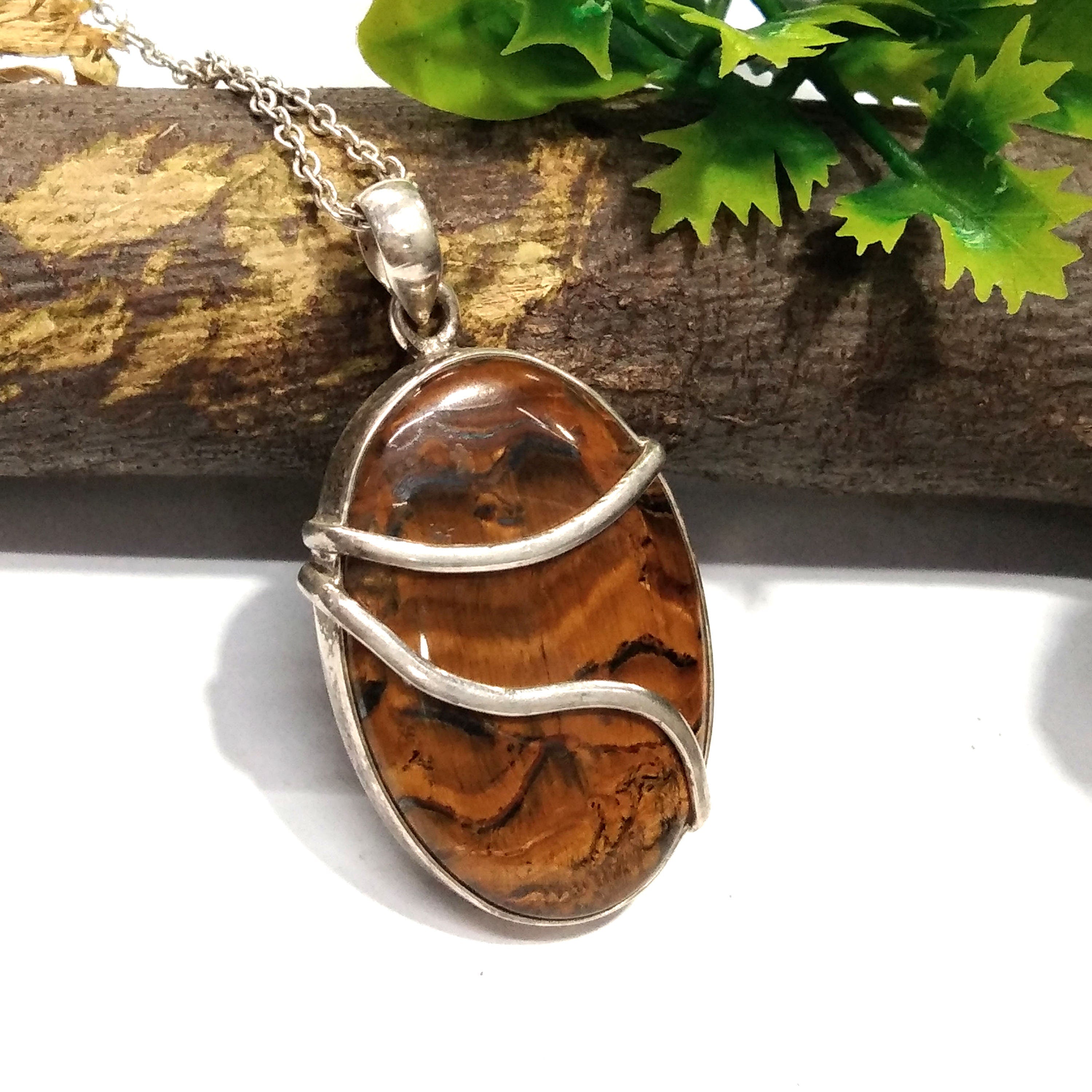 Natural Yellow Tiger Eye Gemstone Pendant Chain Necklace, 925 Starling Silver Pendant Necklace Handmade Stone Size 33x23mm Gift Boho Pendant