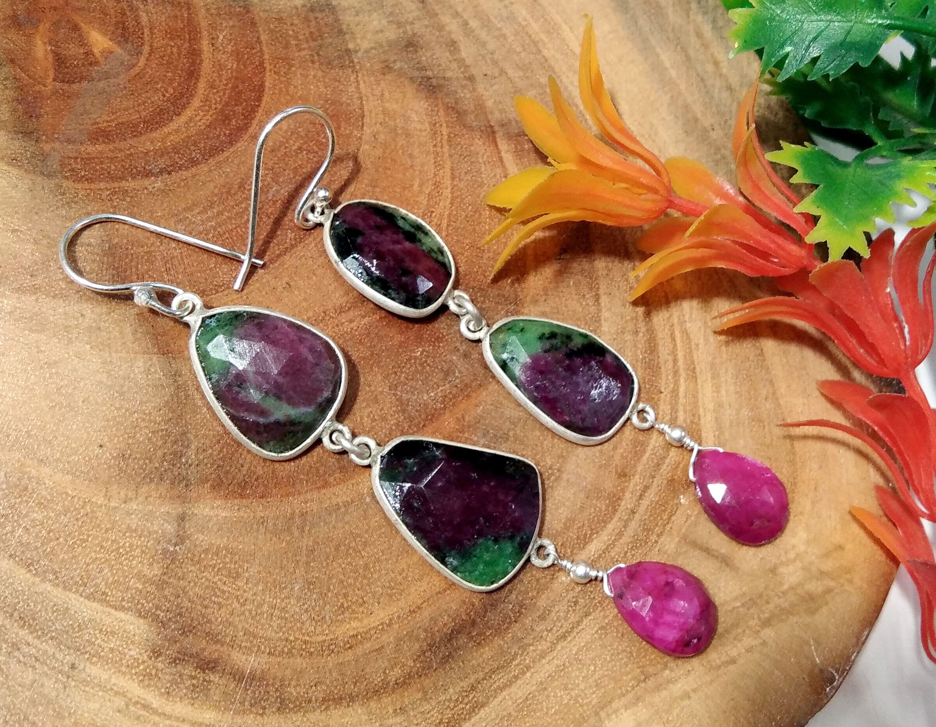 Natural Ruby Zoisite & Red Ruby Gemstone Earrings, Solid 925 Starling Silver Earrings, Ruby Zoisite Rose Cut Gemstone Handmade Gift Earrings