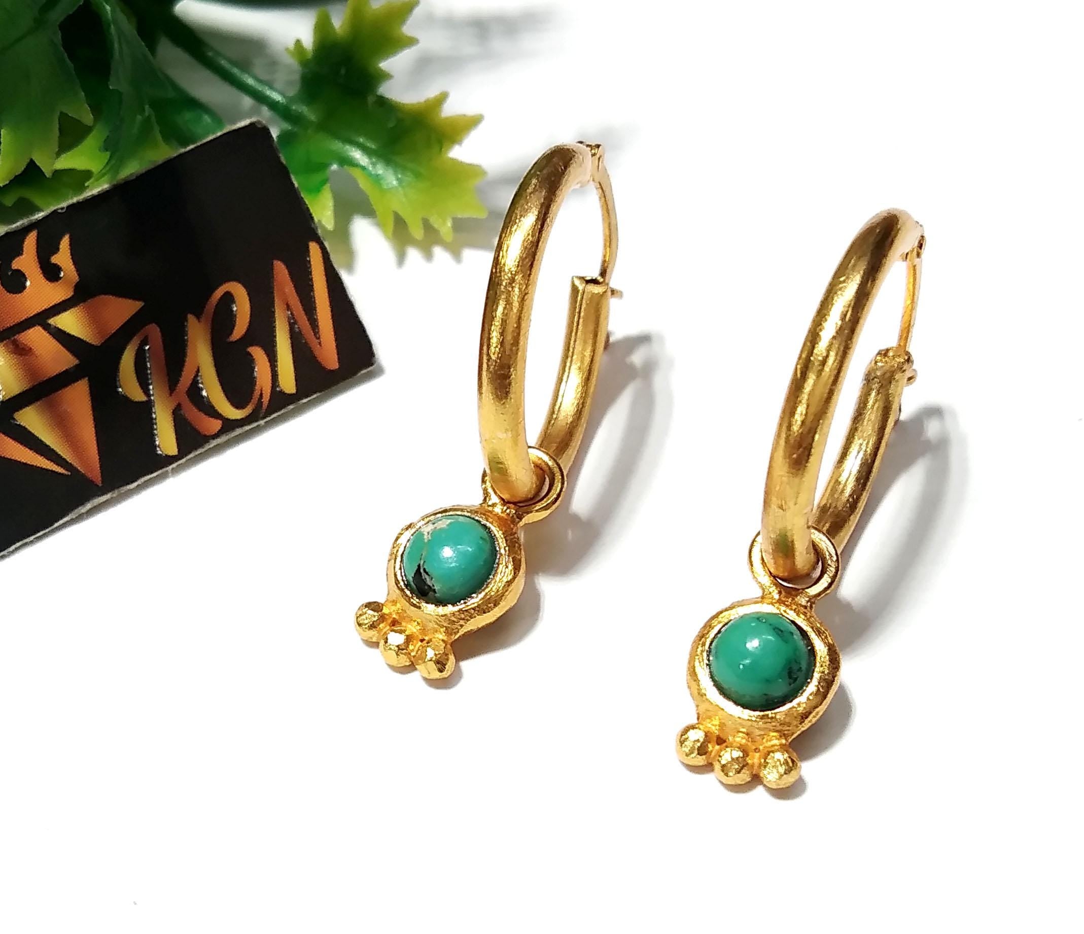 Natural Tibetan Turquoise Earring, 925 Solid Sterling Silver Gold Plated Earring, Tibetan Turquoise Hoop Earring, For Gift Birthday Earring