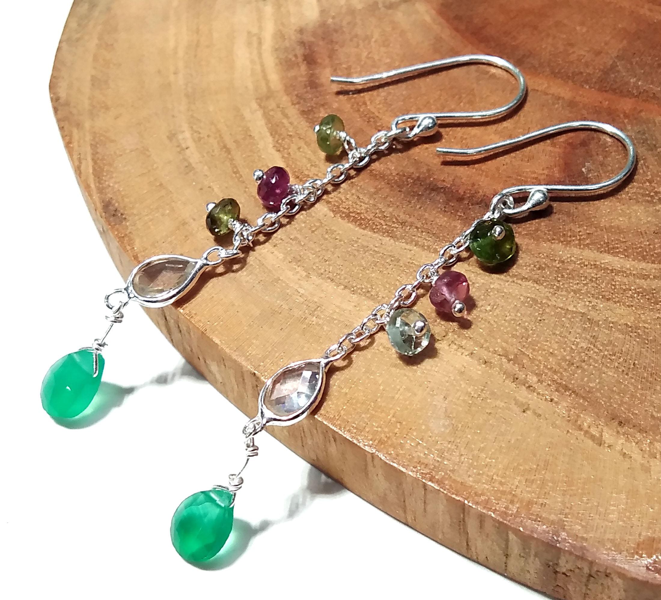 Natural Multi Tourmaline And Green Onyx Gemstone Earrings, 925 Sterling Silver Earring Handmade Making Jewelry Earring, For Girls & Women.