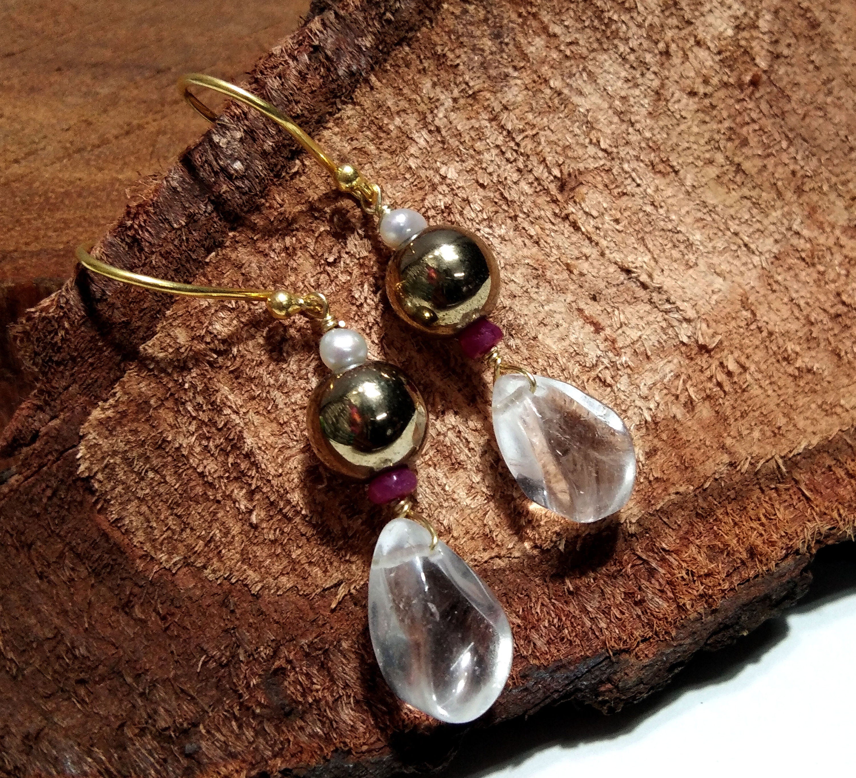 Natural White Crystal Quartz & Pyrite Stone Earring, Amazing Design 925 Sterling Silver With Gold Plated Earring, For Women Anniversary Gift