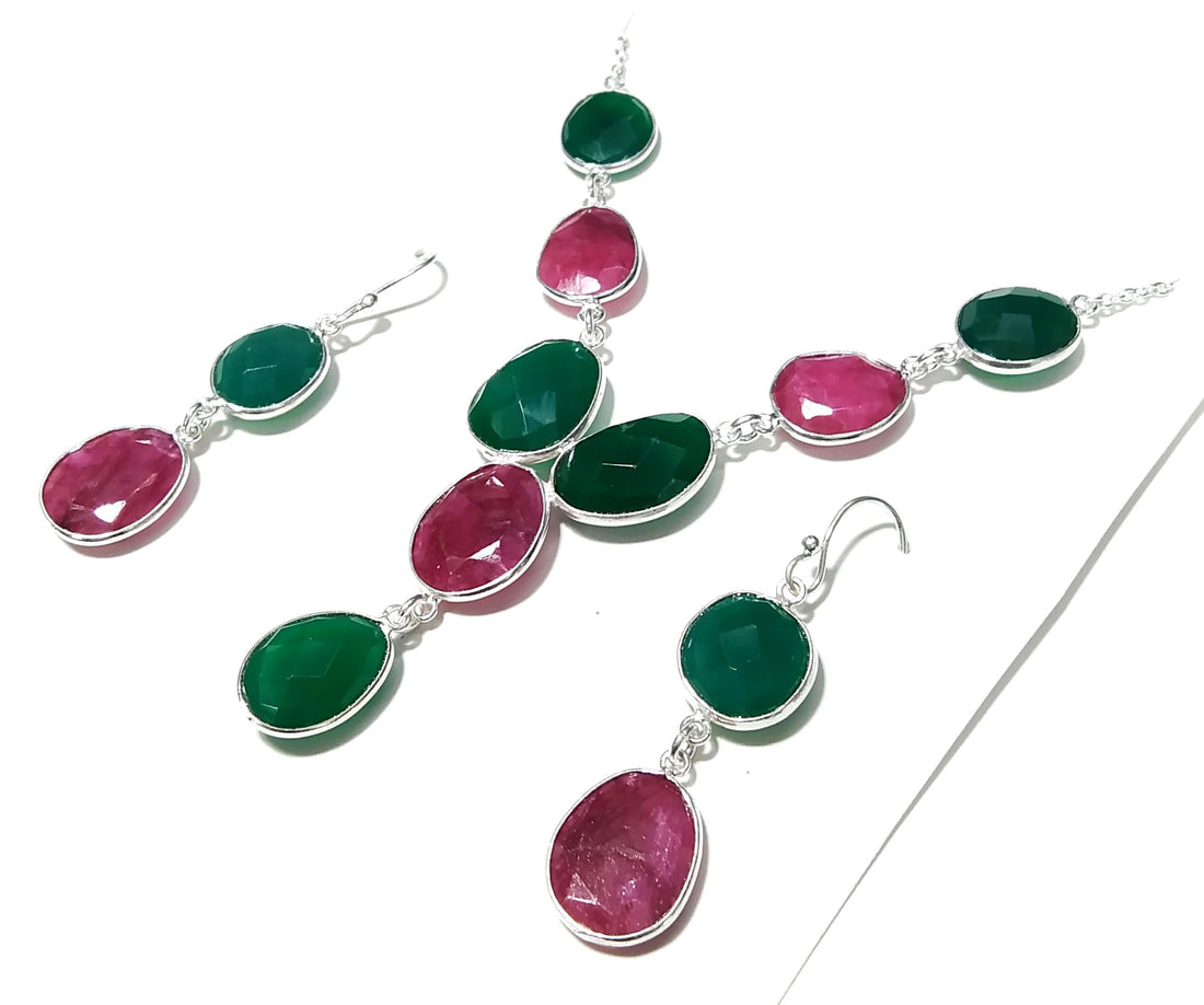 Natural Green Onyx & Red Ruby Necklace and Earring Jewelry Set, 925 Sterling Silver Necklace Earring Jewelry, Gift For Women Birthstone