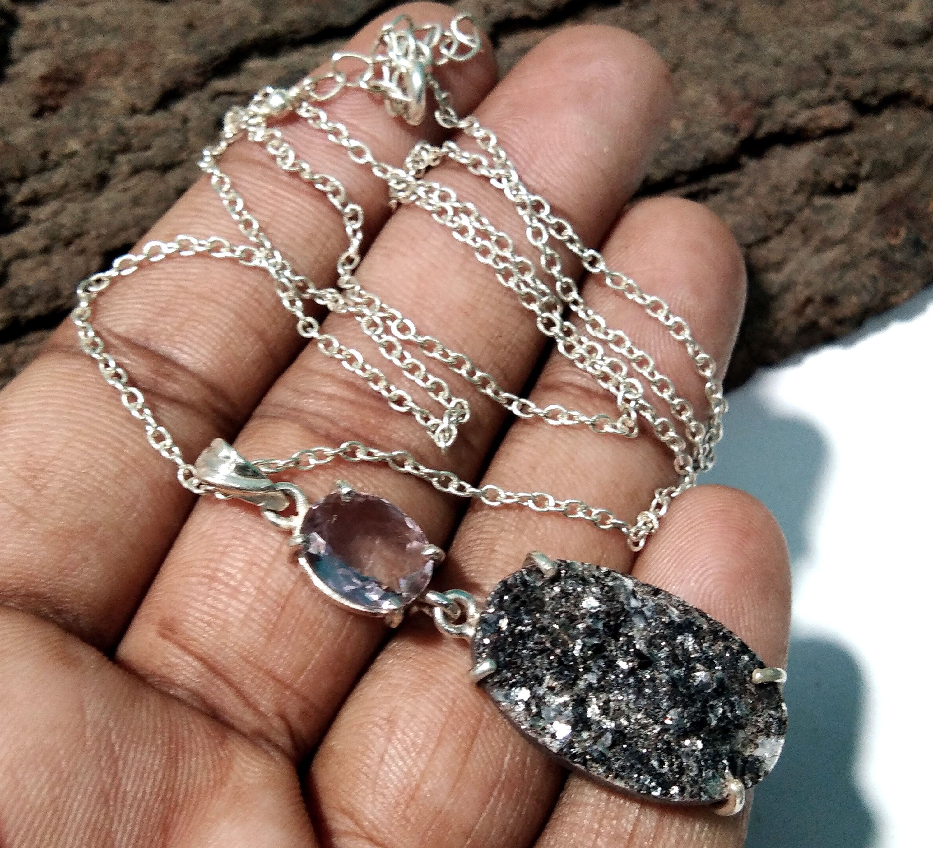 Natural Black Silver Mica Druzy/Faceted Amethyst Gemstone Chain Pendant Necklace, 925 Starling Silver Pendant Handmade Jewelry Birthday Gift