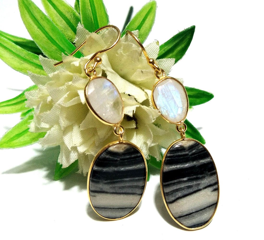 Natural Stone Zebra Jasper & Rainbow Moonstone Earring, 925 Starling Silver With Gold Plated Earring, Bezel Handmade Earring For Girls/Women