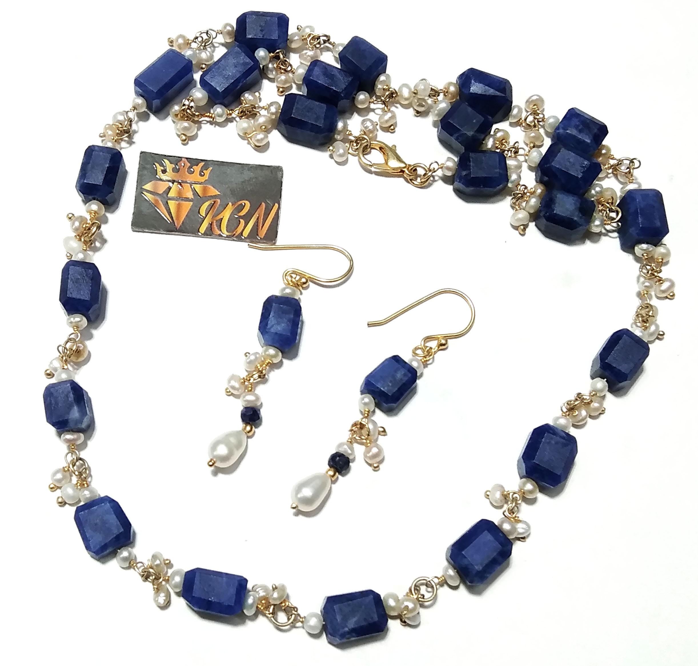 Natural Sodalite, Pearl Gemstone Necklace Earring Jewelry Set, 925 Solid Sterling Silver With Gold Plated Necklace Earring, Necklace Set
