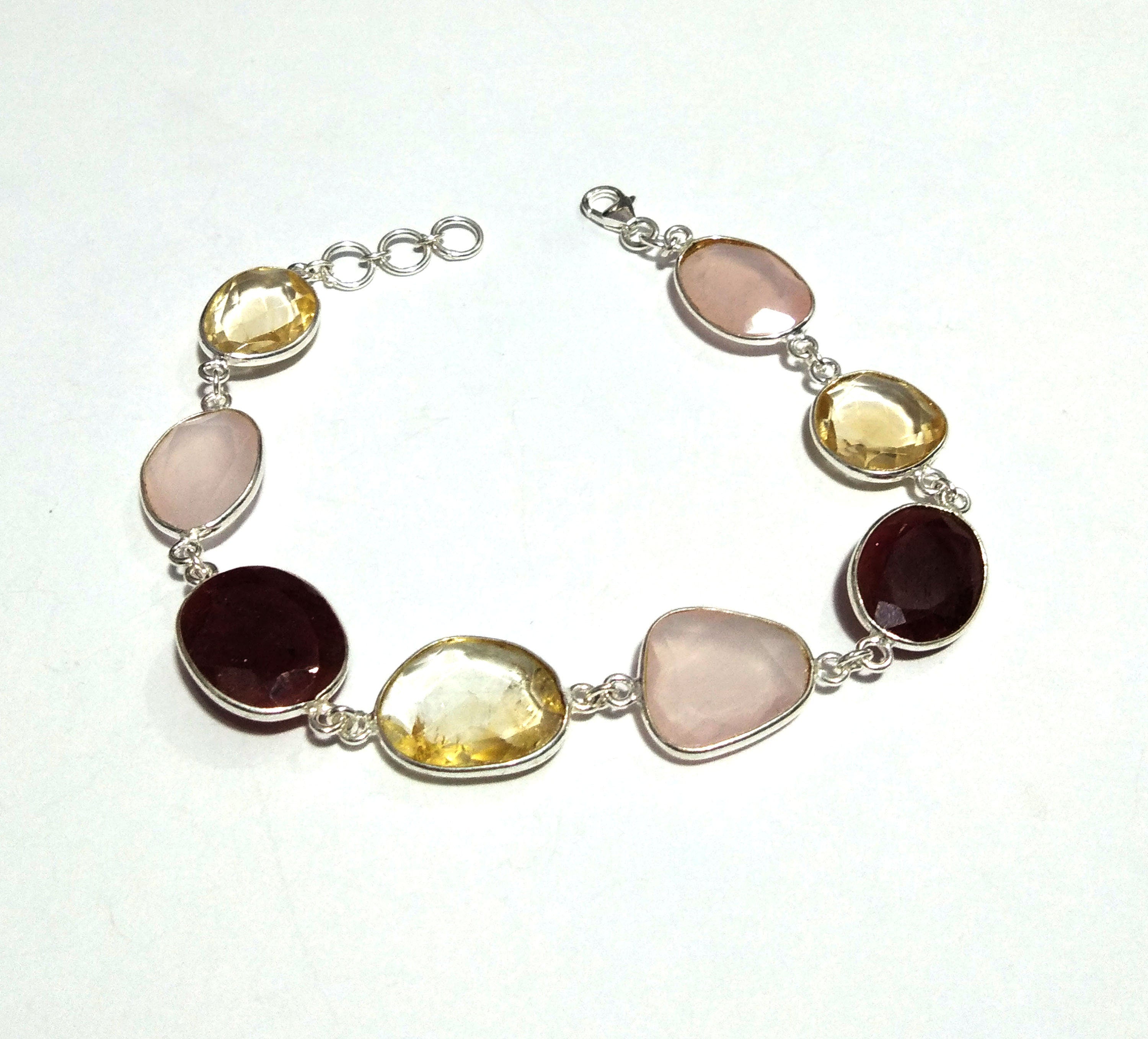Natural Red Ruby/Rose Quartz/Lemon Quartz Gemstone Bracelet, 925 Sterling Silver Bracelet 8 inches Stone Size 16x14 mm Gift Wedding Bracelet