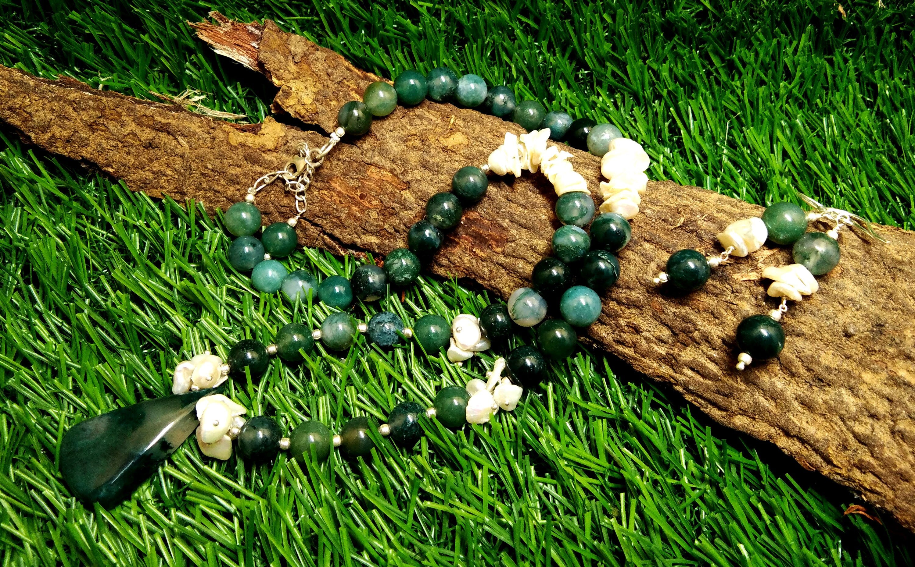 Natural Moss Agate/Pearl Gemstone Beads Necklace Set Jewelry, 925 Sterling Silver Necklace, Beaded Necklace Statement Gift Jewelry