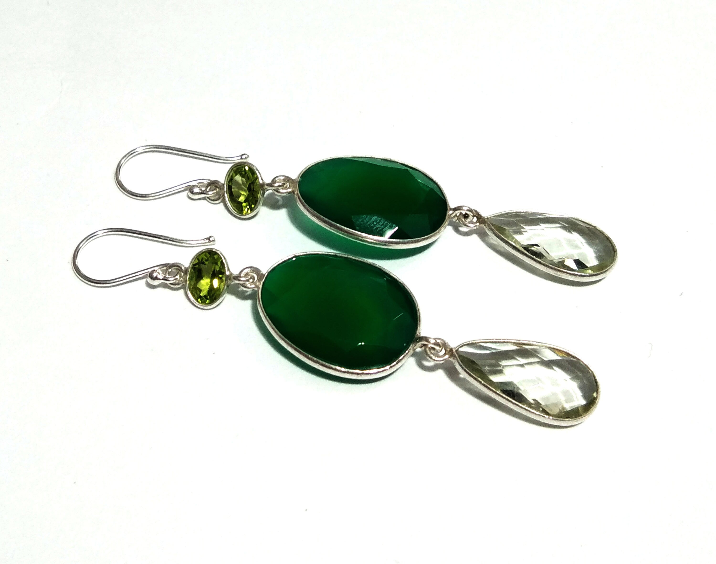 Natural Green Onyx, Amethyst, Peridot Stone Drop Earring, 925 Solid Starling Silver Earring, Onyx, Amethyst Gemstone Gift Wedding Earring