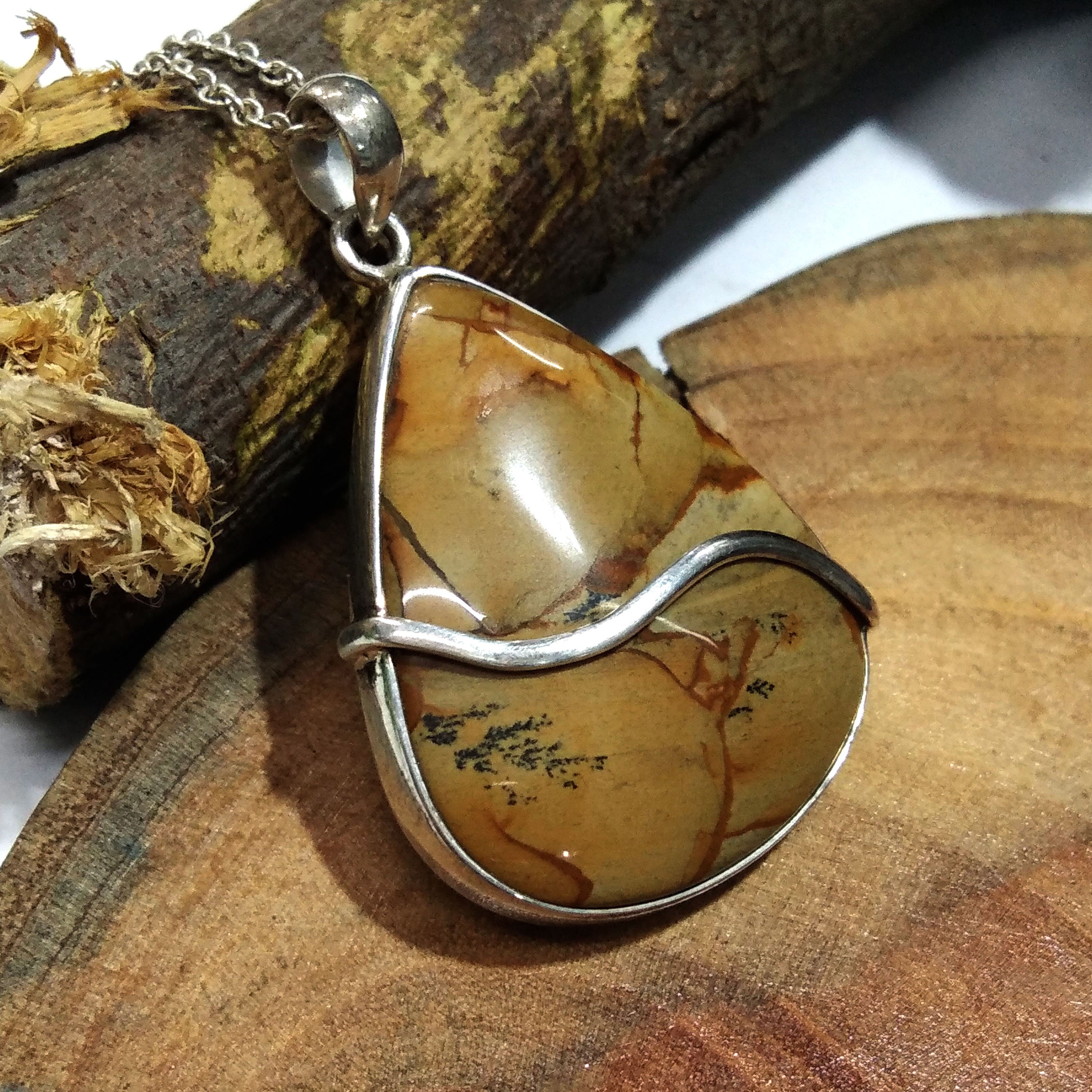 Natural Picture Jasper Gemstone Pendant Necklace Chain, 925 Starling Silver Pendant Necklace, Handmade Jewelry Stone Size 35x28 mm Pendant