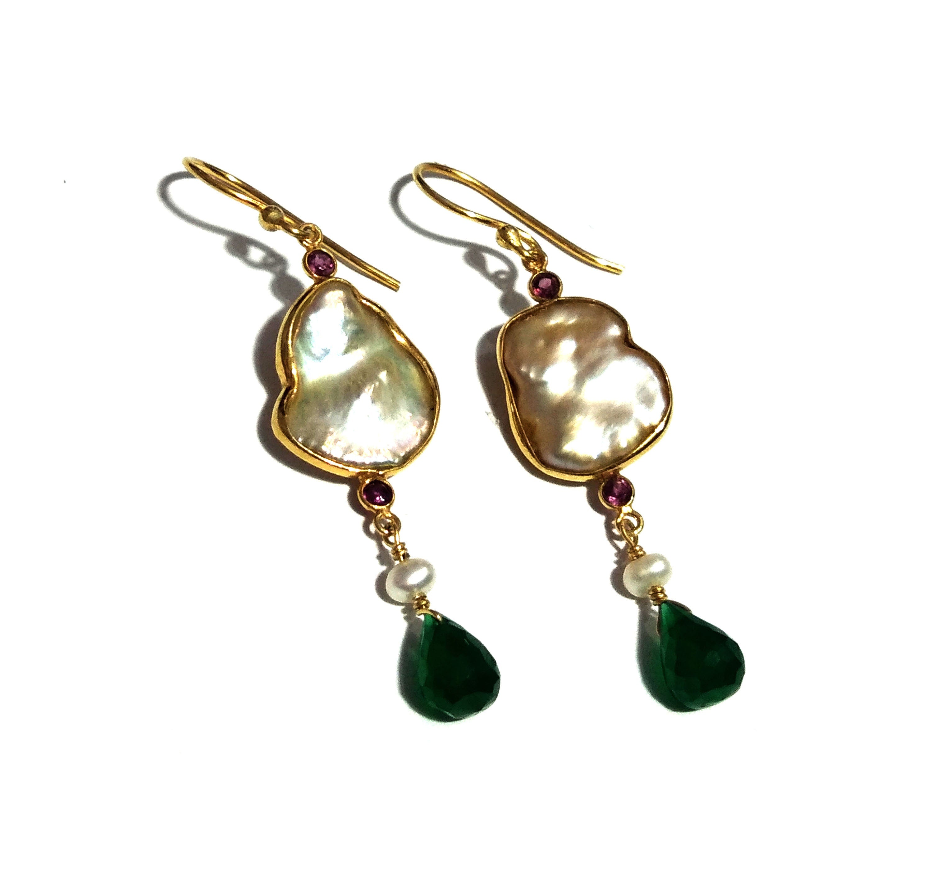 Natural Fresh Water Baroque Pearl/Green Onyx Stone Drop Earring, 925 Solid Starling Silver Gold Plated Earring, Stone Size 16x12 mm Earring