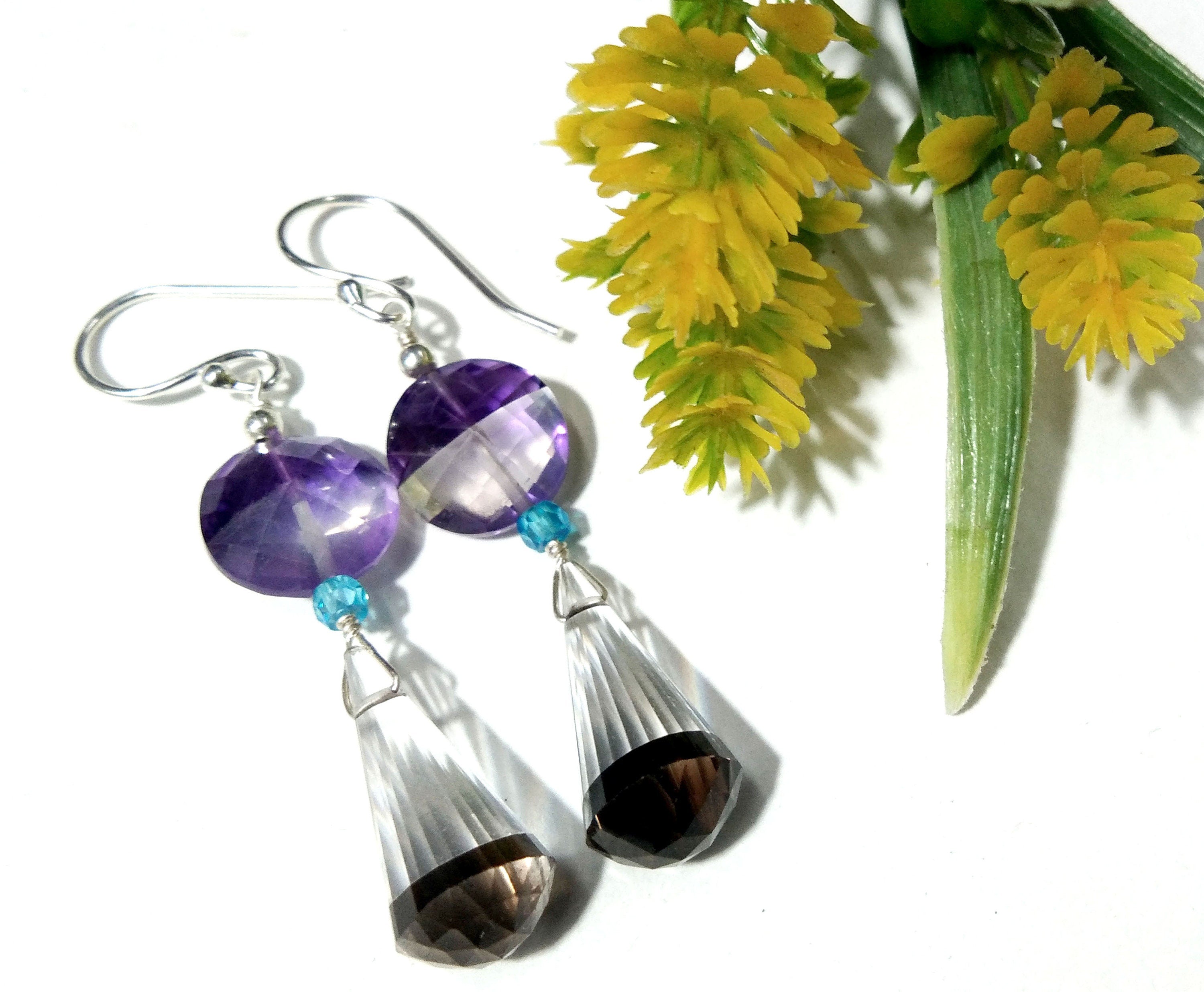 Natural Color Doublet Gemstone Amethyst, Crystal & Smoky Quartz Multi Stone Earrings, With 925 Silver Jewelry For Gifts Girls/Women