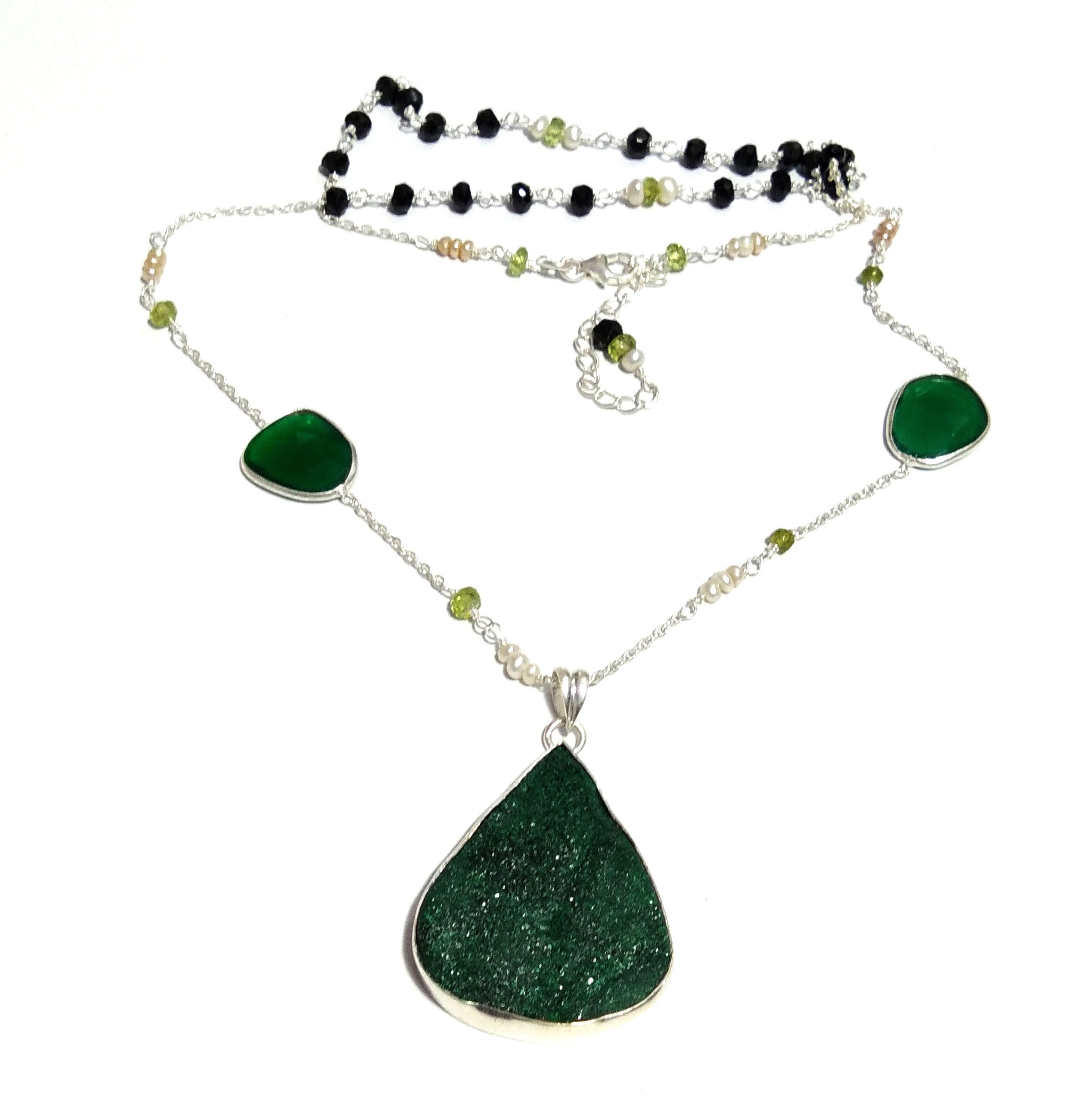 Natural Malachite Druzy Stone Black Spinel Beads Chain Necklace Pendant, 925 Starling Silver Chain Necklace, 31'Inche Color Green Malachite