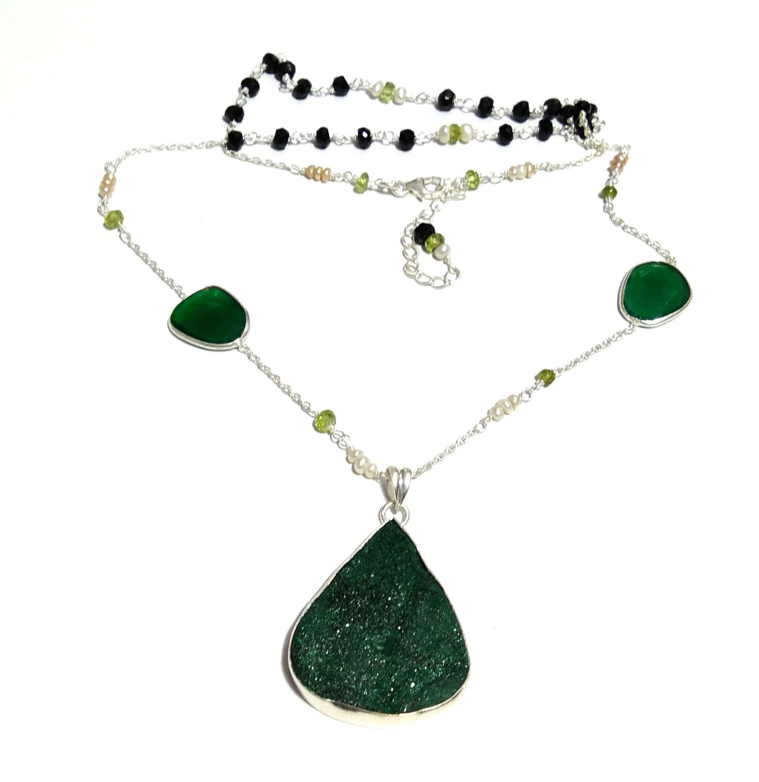 Natural Malachite Druzy Stone Black Spinel Beads Chain Necklace Pendant, 925 Starling Silver Chain Necklace, 31'Inche Color Green Malachite