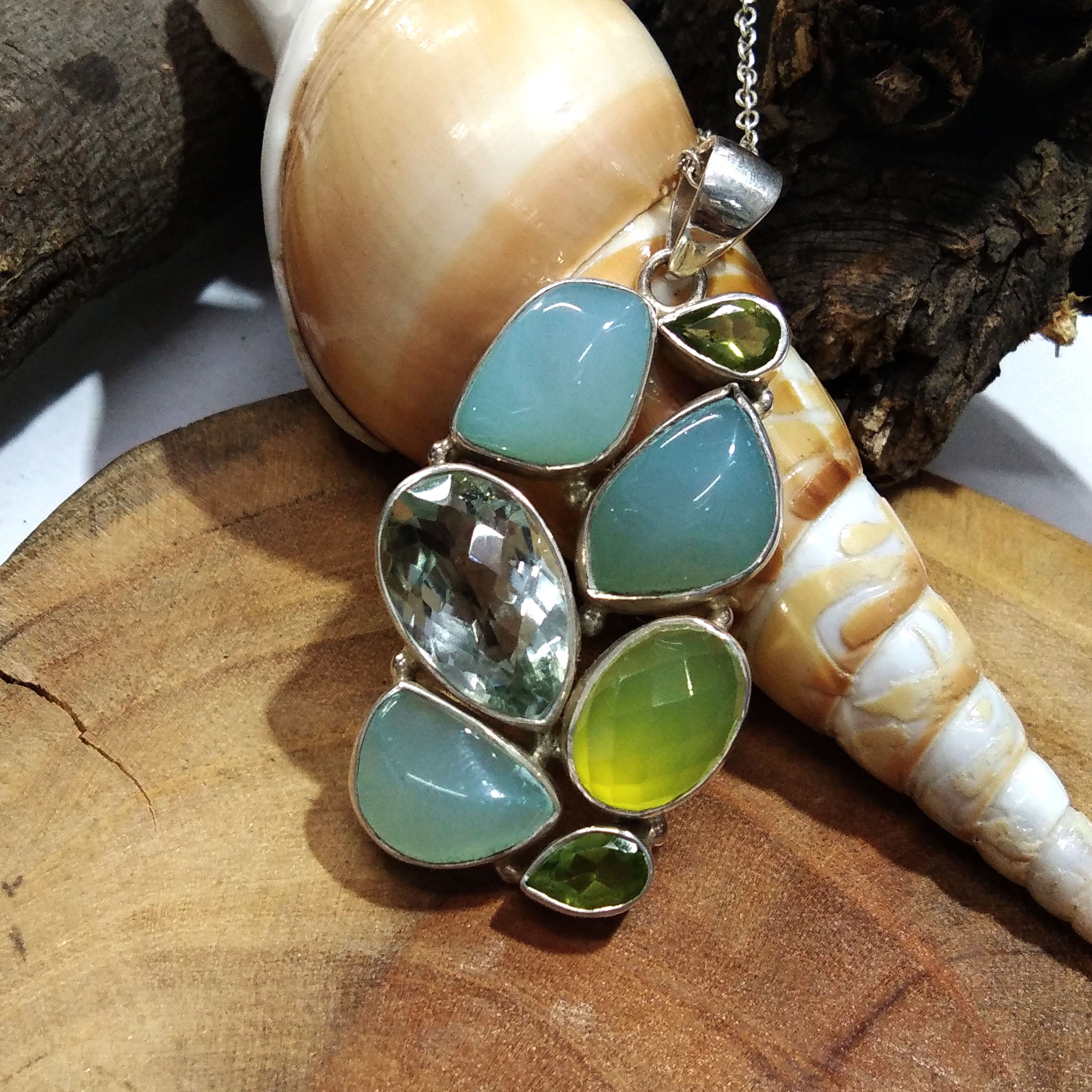 Natural Aqua Chalcedony,Green Amethyst,Peridot Gemstone Pendant Necklace Chain, 925 Starling Silver Pendant Necklace, Handmade Stone Pendant