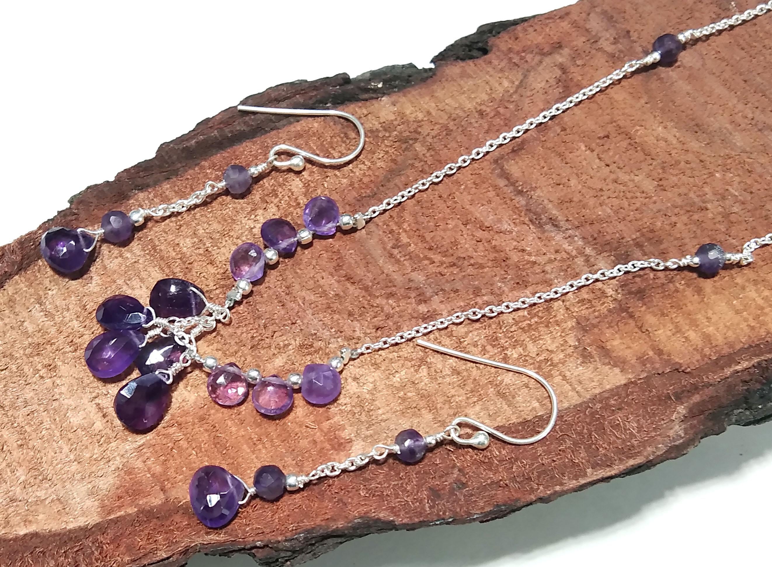 Natural Amethyst Gemstone Earrings And Necklace Jewellery Set, 925 Solid Sterling Silver Necklace, Beautiful Amethyst Stone Gift For Her