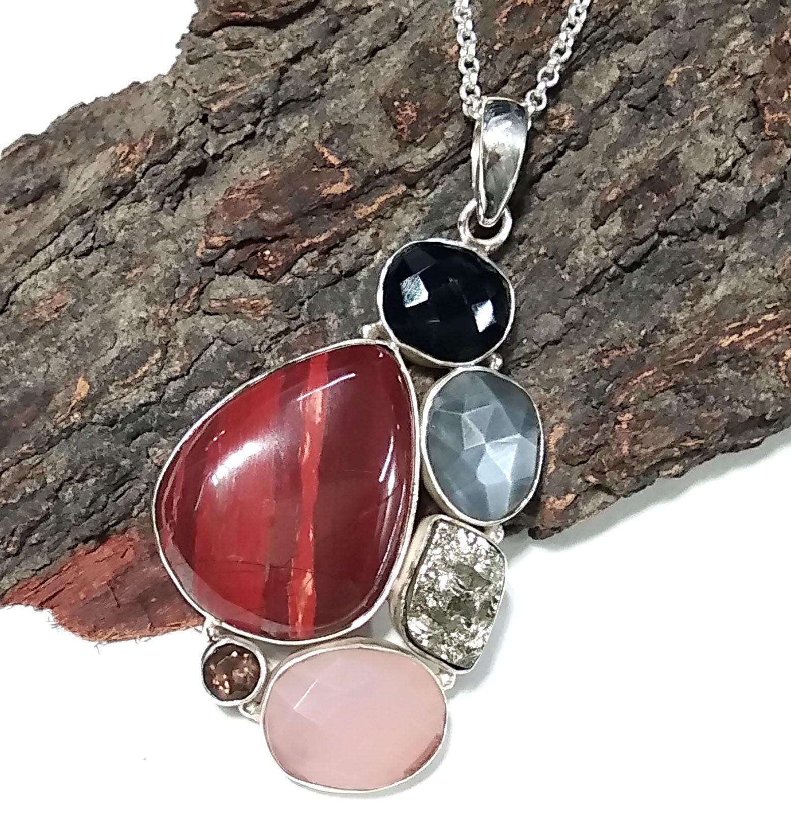 ALL Natural Gemstone Pendant, Red Jasper With Real Multi Stone Pendant, 925 Starling Silver Jewelry Pendant, Handmade Chain Necklace Pendant