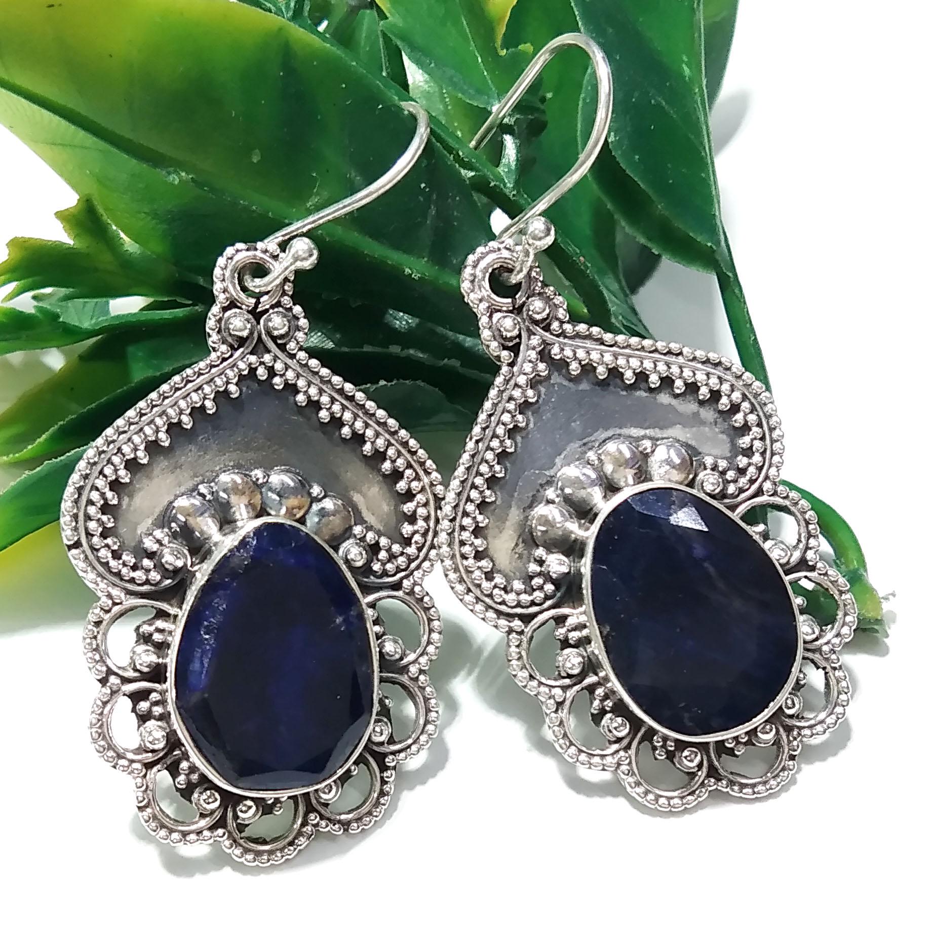 Natural Blue Sapphire Earrings Gemstone, 925 Solid Starling Silver Earring Jewelry, Oval Shape Stone Size 16x12 mm Sapphire For Gift Earring