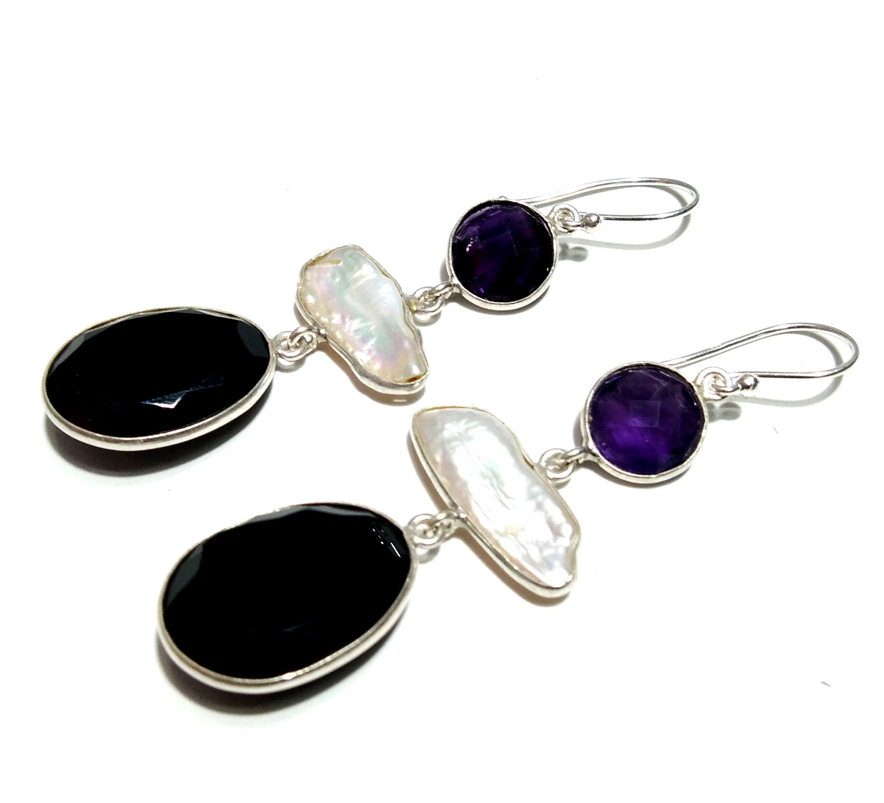Natural Fresh Water Baroque Pearl/Black Onyx/Amethyst Drop Earring, 925 Solid Starling Silver Earring, White Pearl Gemstone Gift Earring