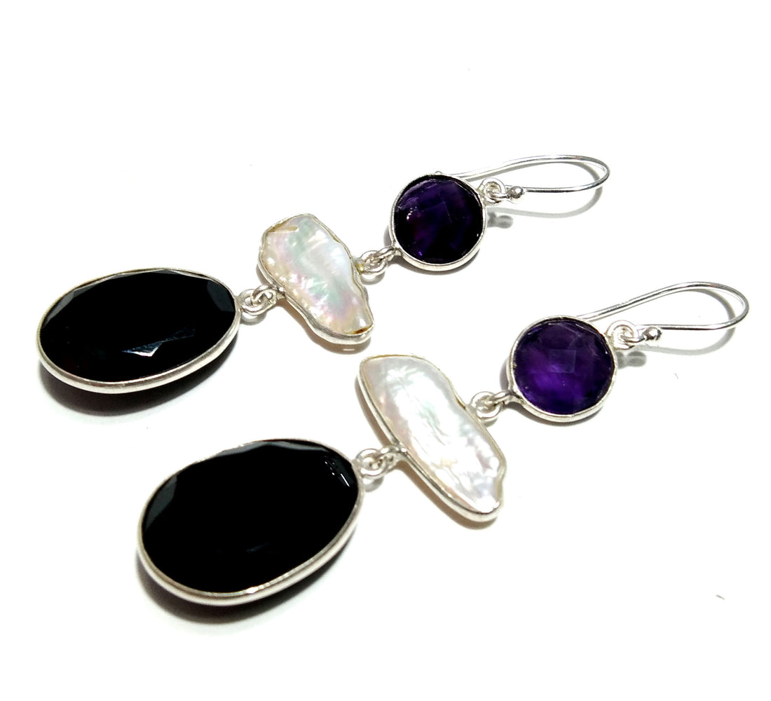 Natural Fresh Water Baroque Pearl/Black Onyx/Amethyst Drop Earring, 925 Solid Starling Silver Earring, White Pearl Gemstone Gift Earring