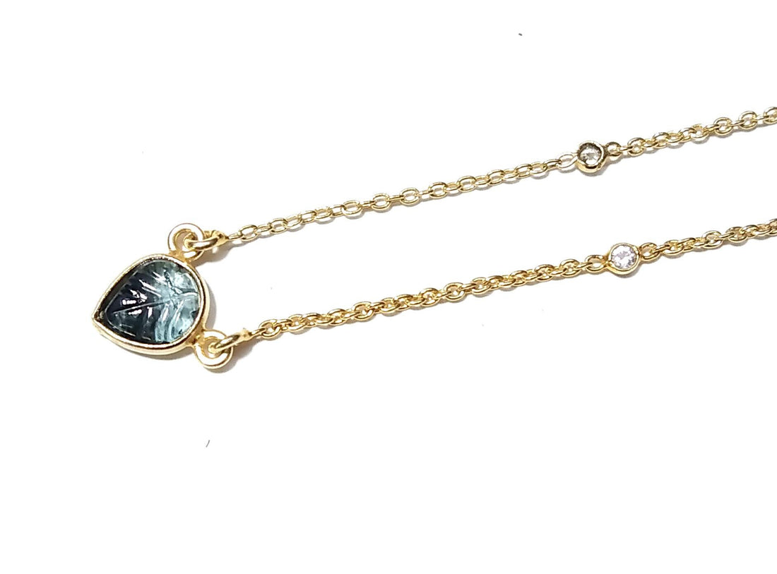 Natural Tourmaline Craving & White Topaz Gemstone Chain Pendant Necklace, 925 Starling Silver Gold Plated Pendant Stone For Gift Girls/Women