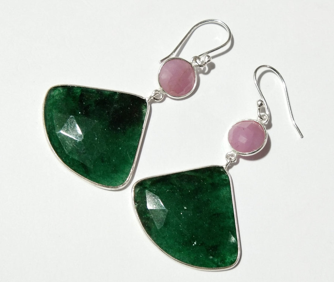 Beautiful Nice Earring, Pink Sapphire, Green Jade All Natural Gemstone Faceted With 925 Starling Silver Earring, Handmade Bezel Earring.