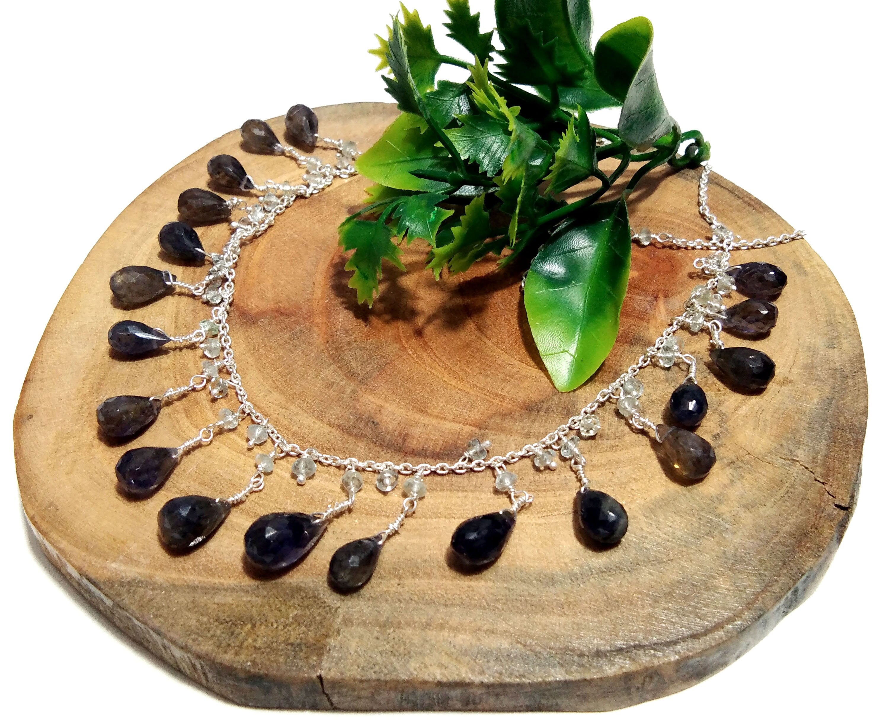 Natural Iolite Drop's Stone Chain Necklace Jewelry, 925 Starling Silver Chain Necklace, Top Color Iolite Gift Necklace, For Girls & Women