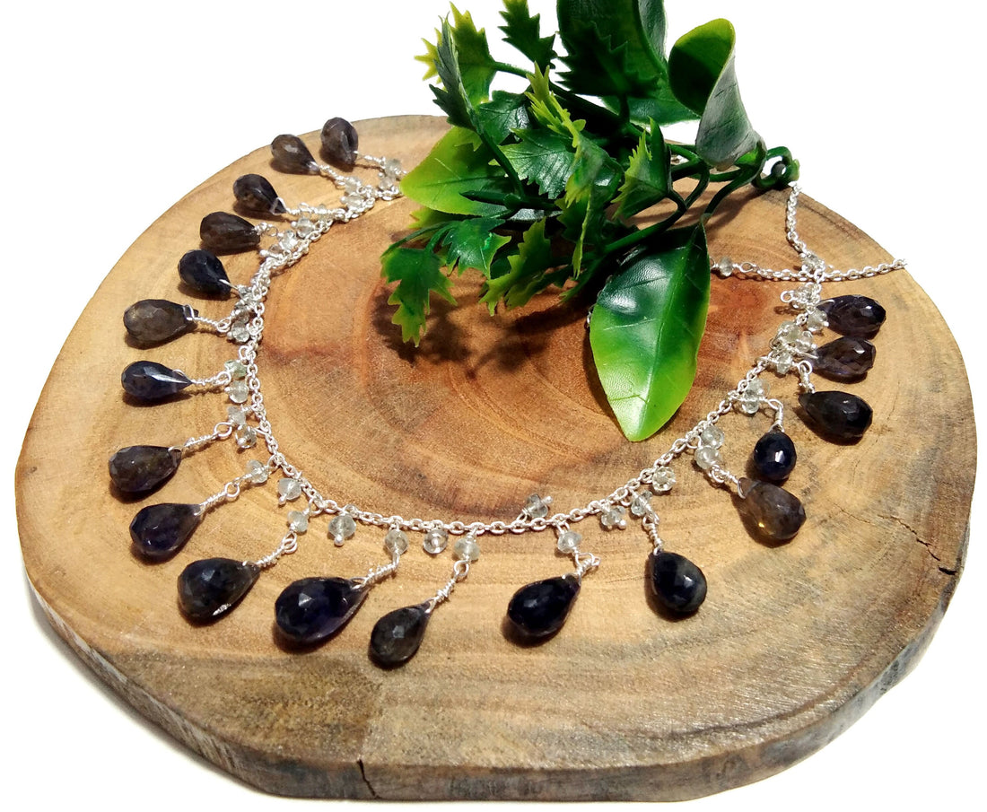 Natural Iolite Drop's Stone Chain Necklace Jewelry, 925 Starling Silver Chain Necklace, Top Color Iolite Gift Necklace, For Girls & Women