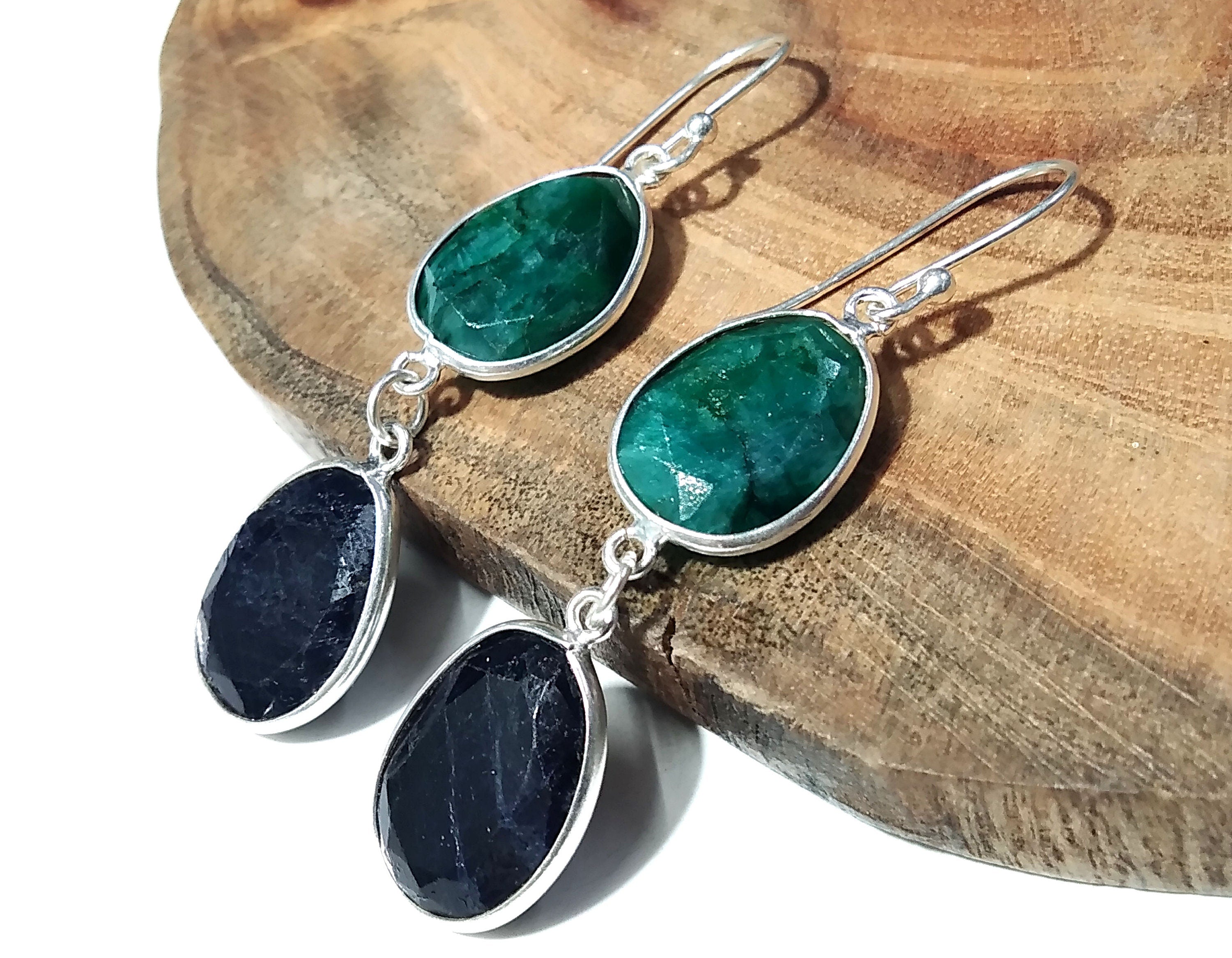 Natural Emerald, Blue Sapphire Stone Earring, 925 Solid Starling Silver Earring Gemstone, Gift Wedding Earring, Jewelry Birthstone Earring