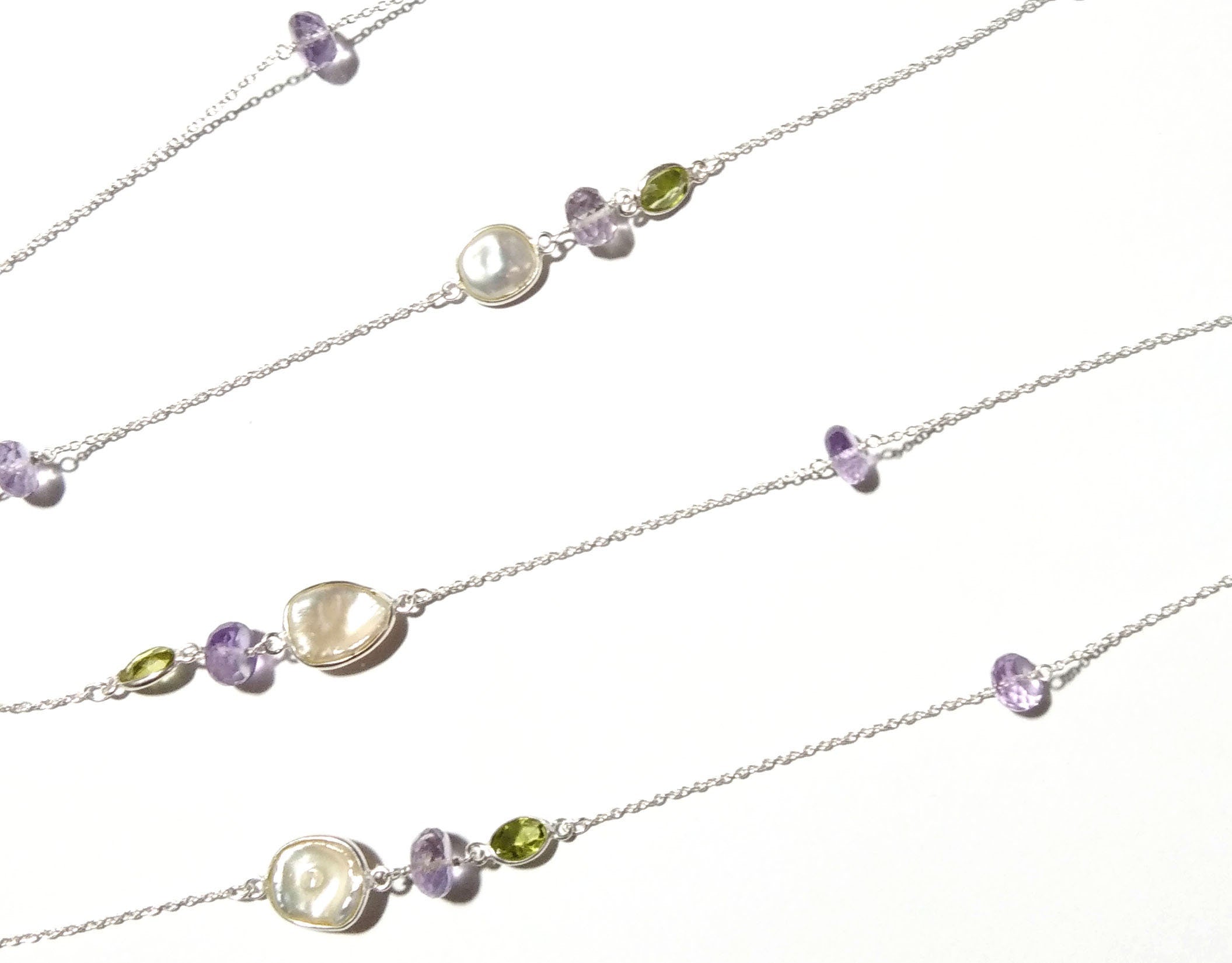 Beaded Log Necklace ! 925 Starling Silver With Natural Gemstone Peridot, Amethyst & Fresh Water Pearl Necklace, Beautiful Necklace For Women