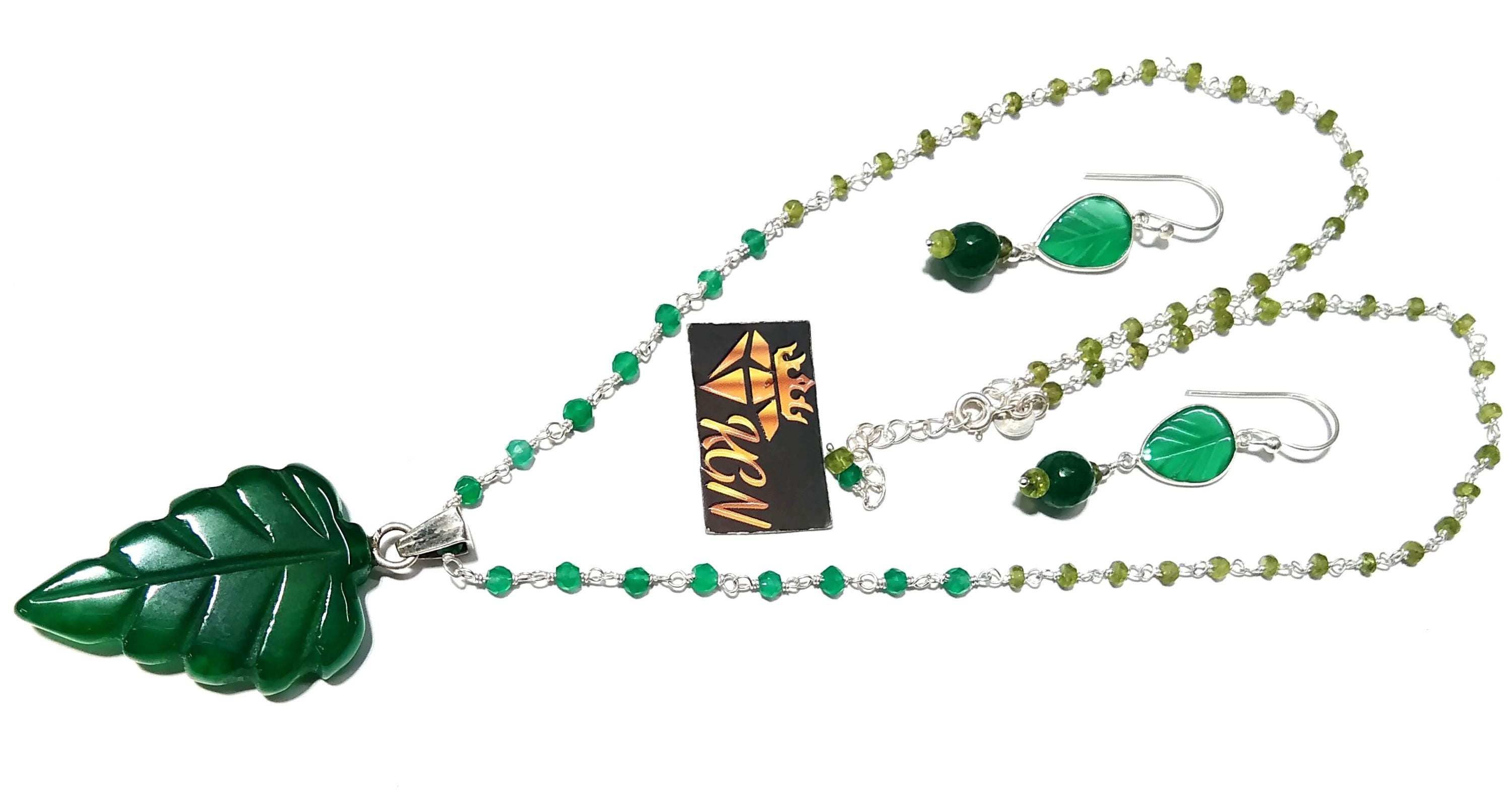 Natural Green Onyx Carving Gemstone Beads Necklace Earring Jewelry Set, 925 Sterling Silver Necklace Beaded Necklace Statement For Jewelry