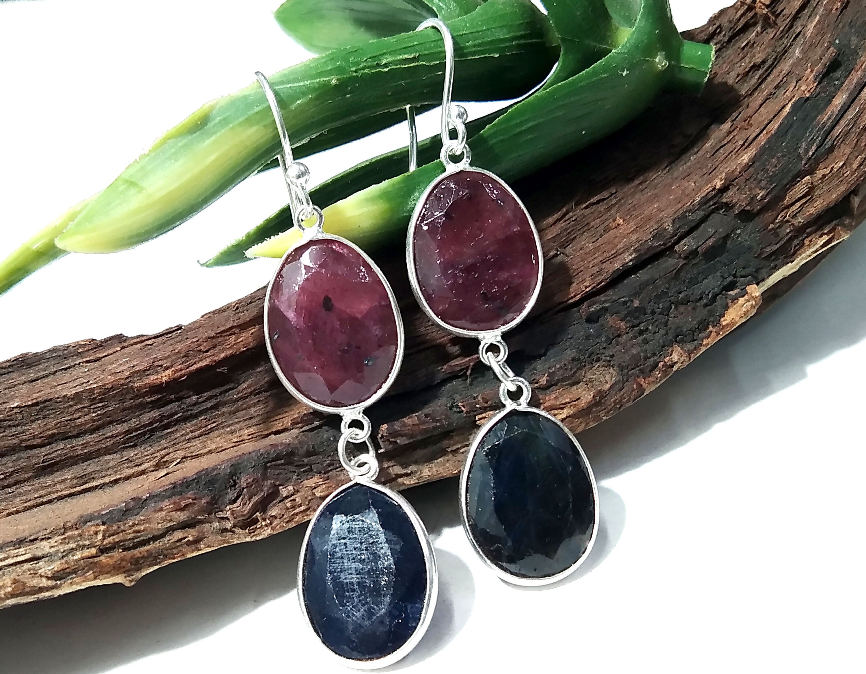 Natural Red Ruby/Blue Sapphire Gemstone Earring, 925 Solid Starling Silver Earring Gemstone, Gift For Wedding Earring, Birthstone Earring