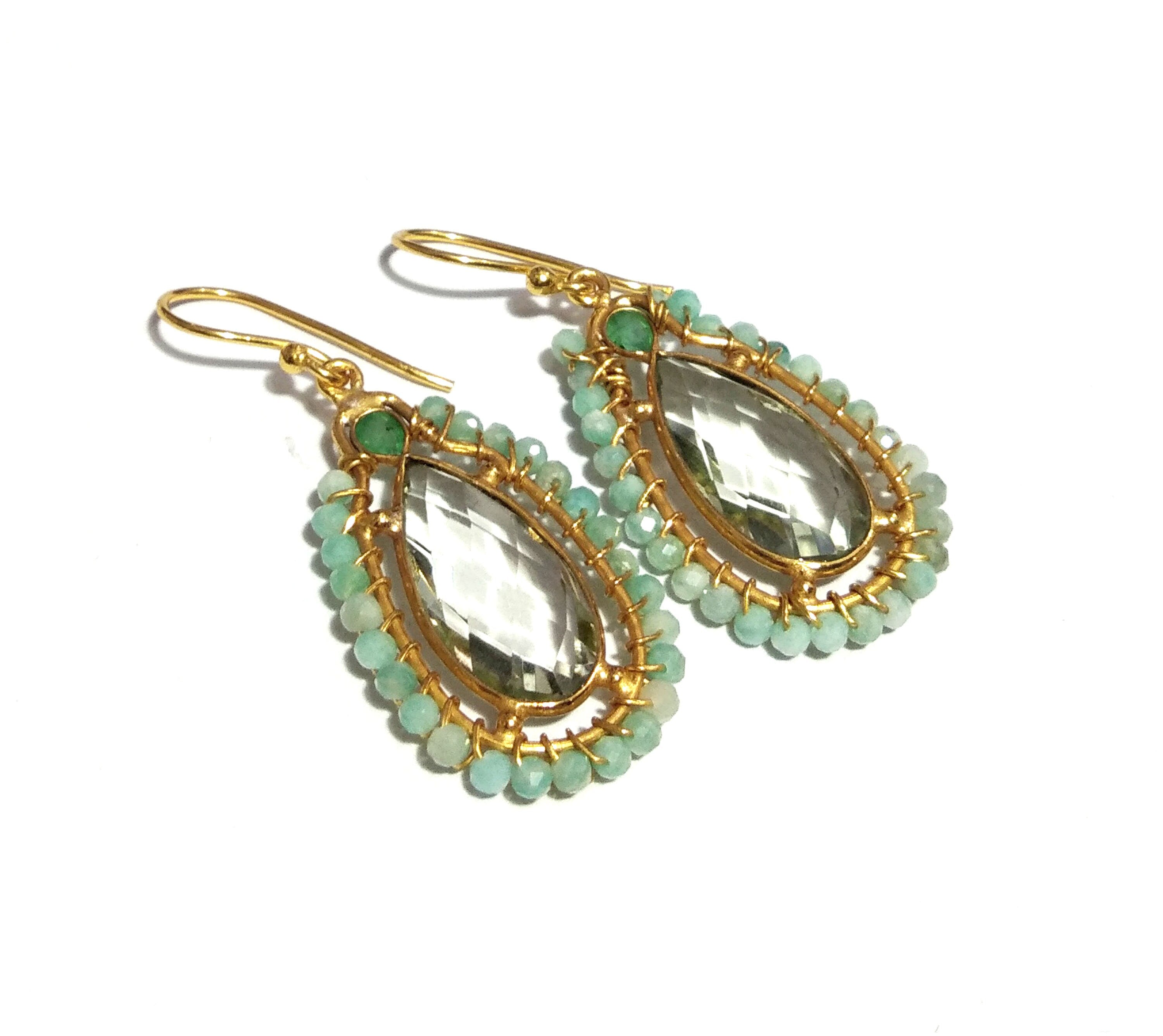 Natural Green Amethyst,Amozonite Bead Stone Earring, 925 Solid Starling Silver Gold Plated Earring, Stone Size 16x8 mm Gift Birthday Earring