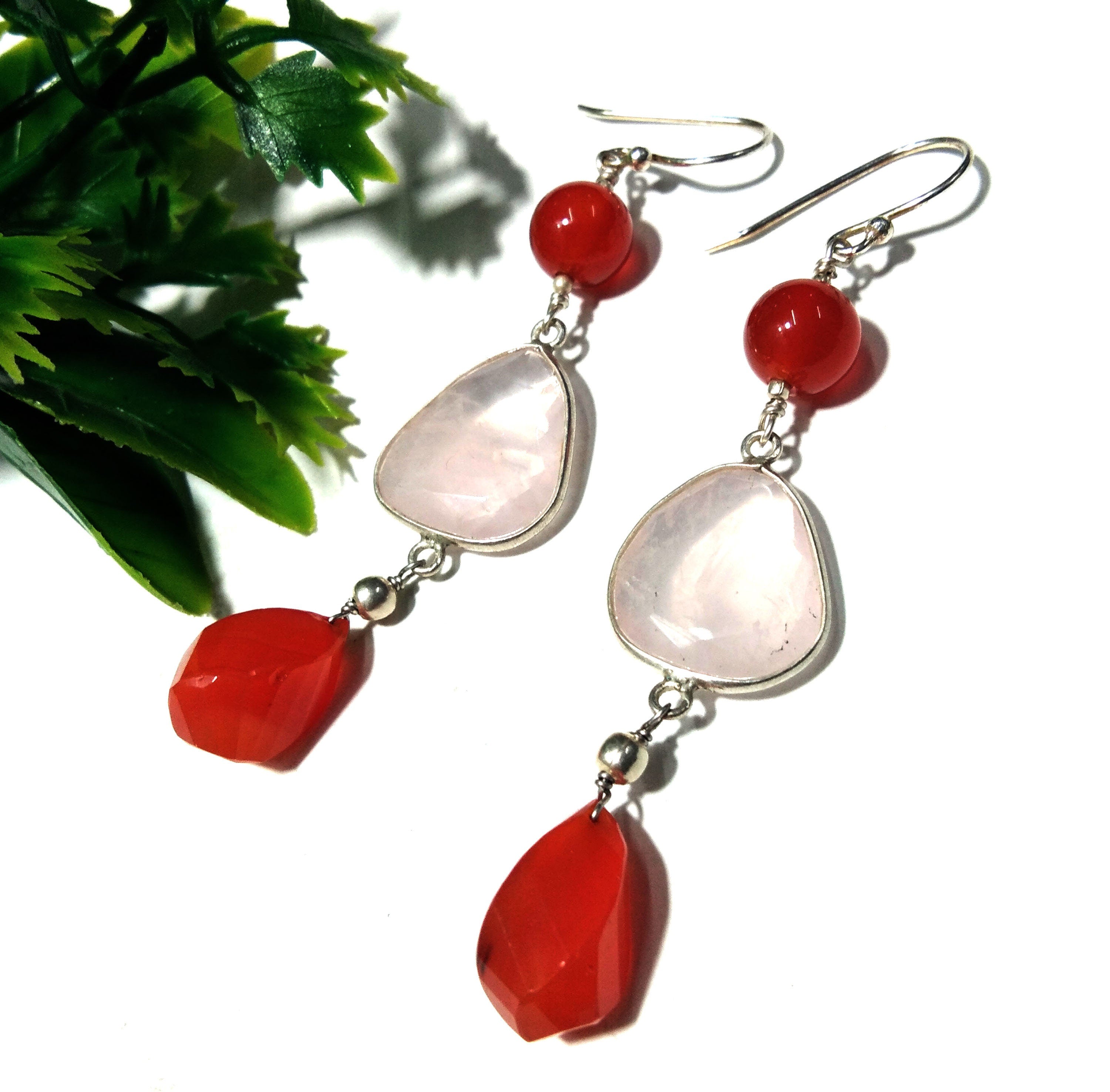 Natural Carnelian, Rose Quartz Earrings, 925 Solid Starling Silver Earring, Carnelian Stone Handmade Earring, Gift Women Wedding Earring