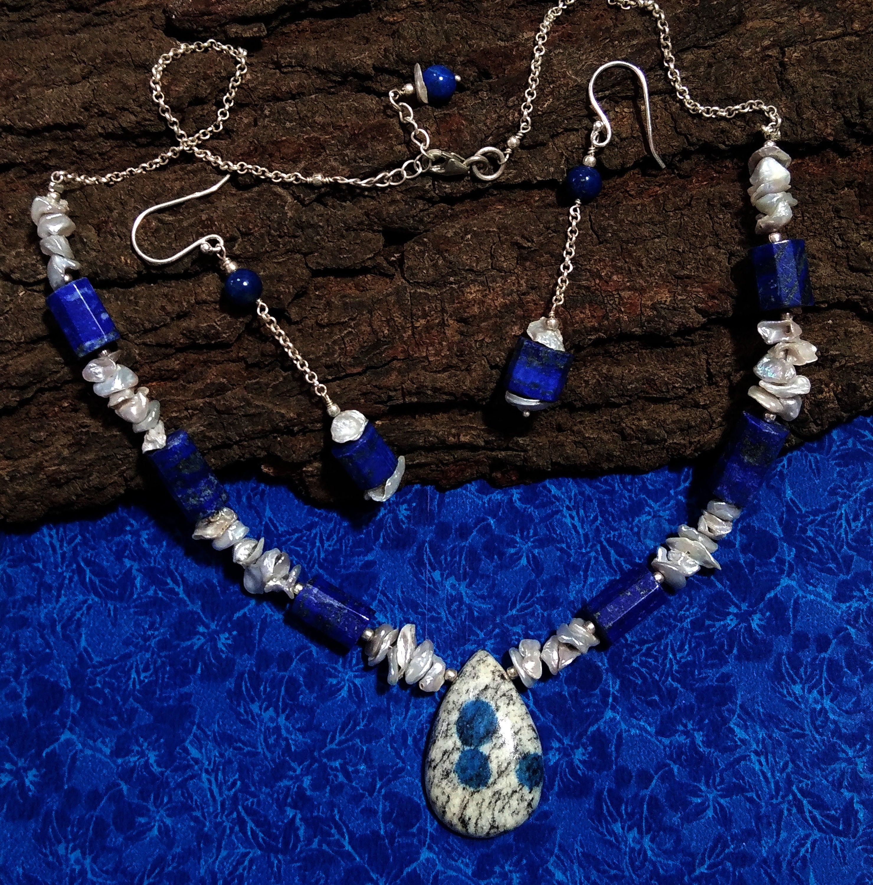 Natural k2 Jasper/Lapis/Pearl Gemstone Beads Necklace Set Jewelry, 925 Sterling Silver Necklace, Beaded Necklace Statement For Jewelry