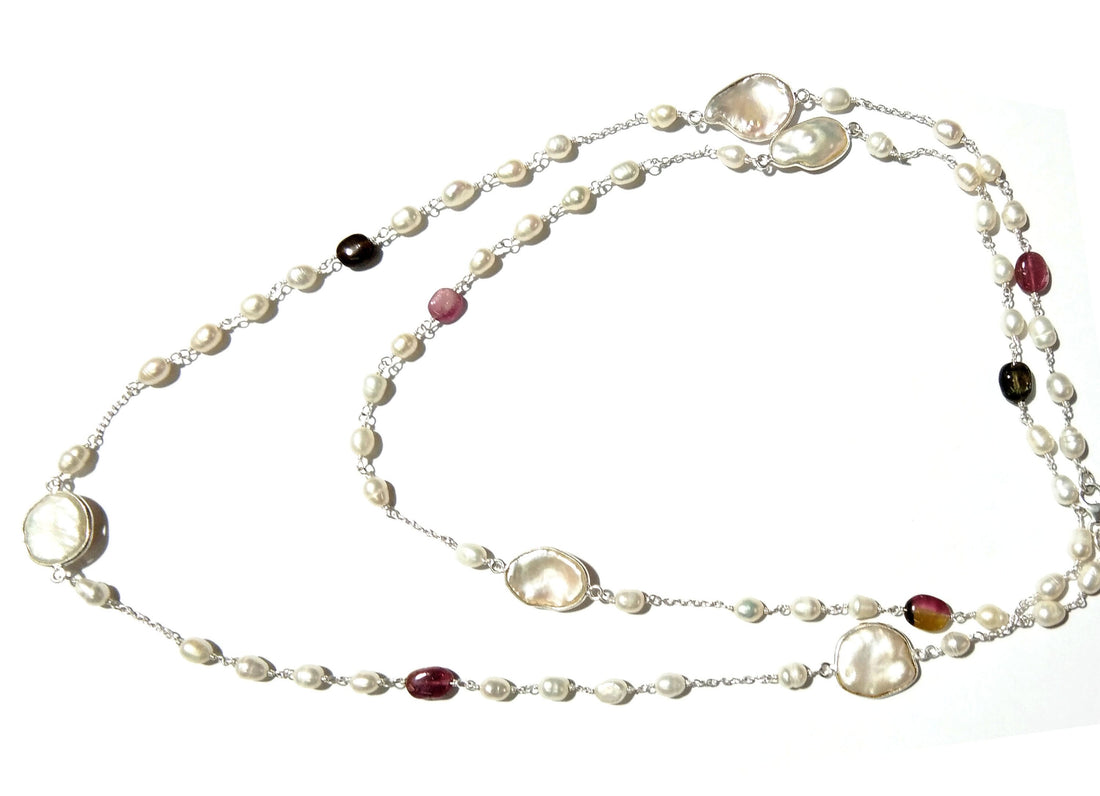 Log Chain Necklace ! Natural Pearl & Tourmaline Beaded Necklace, 925 Starling Silver Log Necklace, 36''Inches Length.