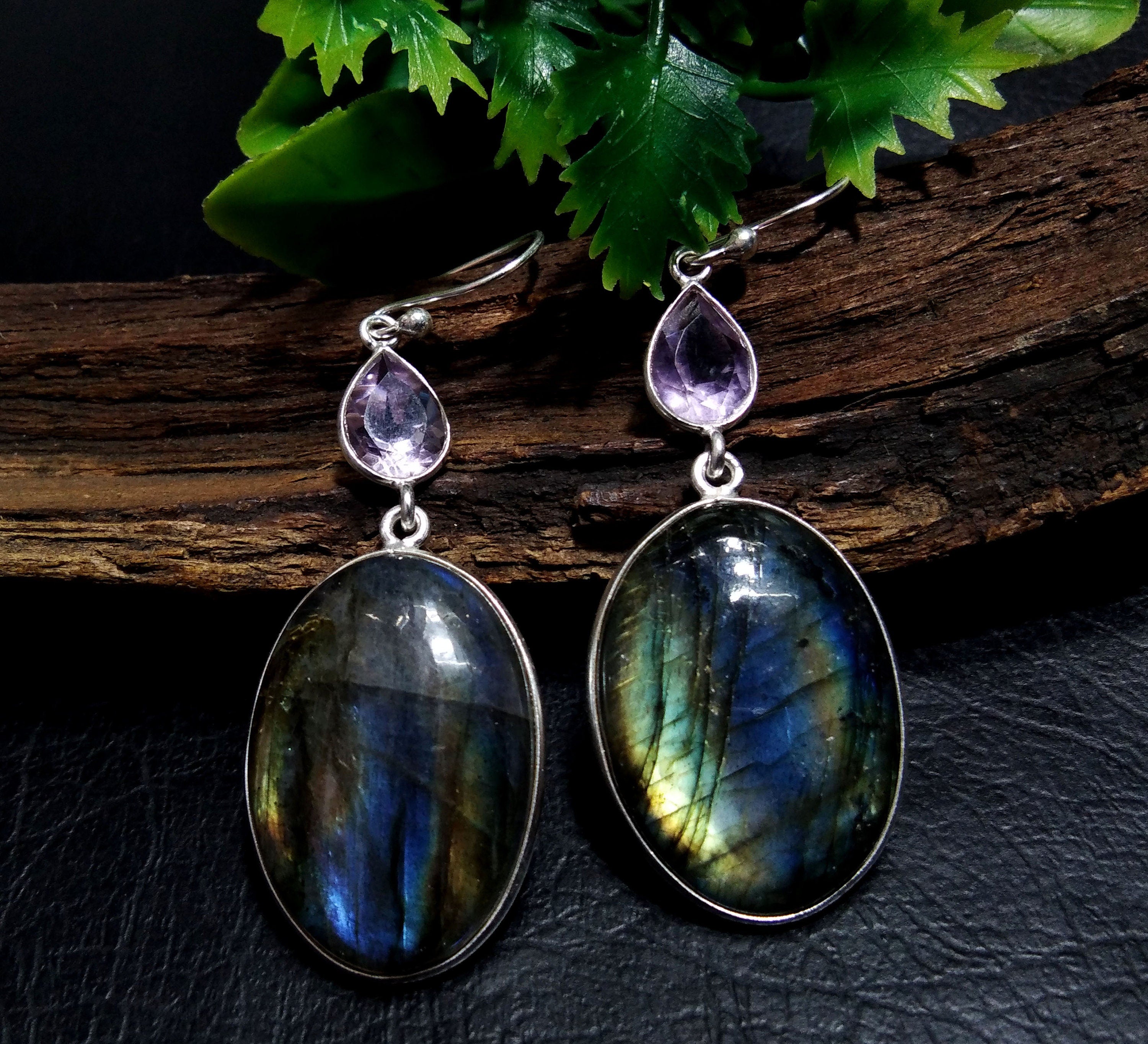 Labradorite And Amethyst Gemstone Earring, 925 Starling Silver Earring, Natural Labradorite Stone Gift Dangle Drop Earring, Gift For Her