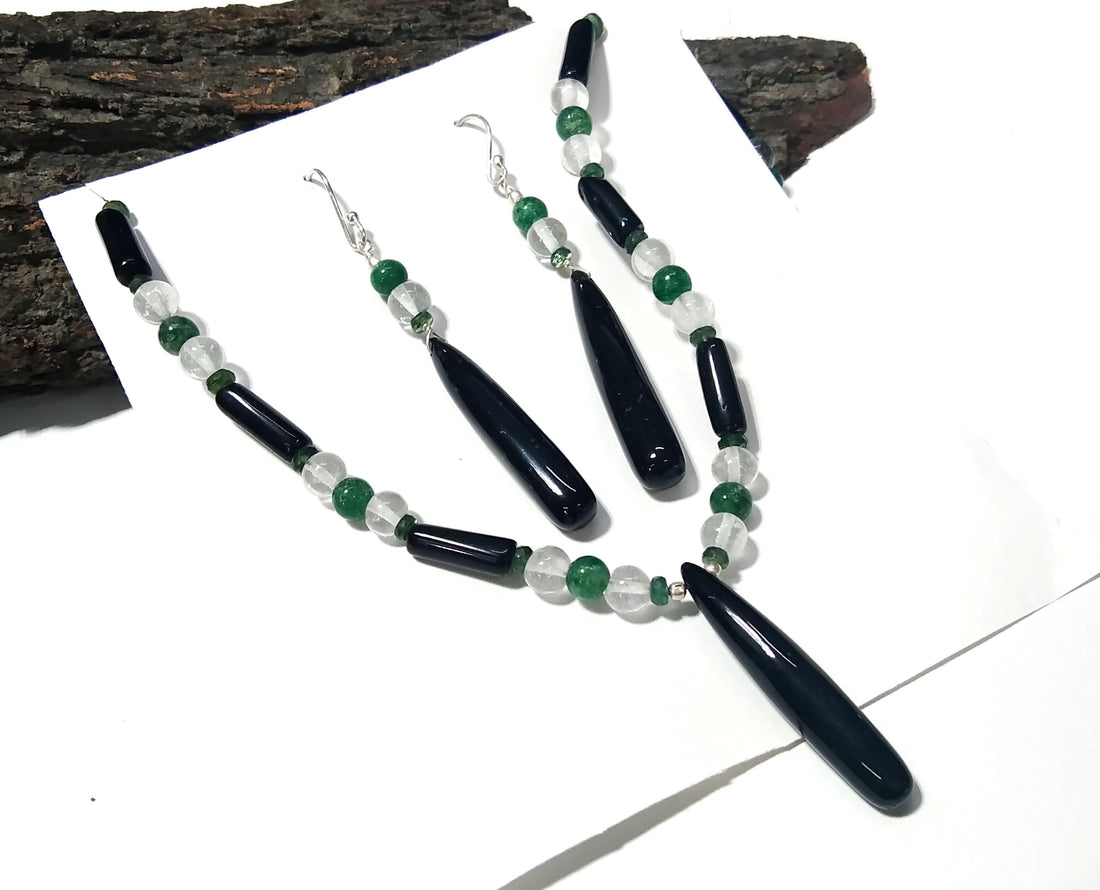 Natural Black Onyx/Crystal Beads Necklace Earring Set Jewelry, 925 Sterling Silver Necklace, Gemstone Necklace, Statement For Gift Jewelry