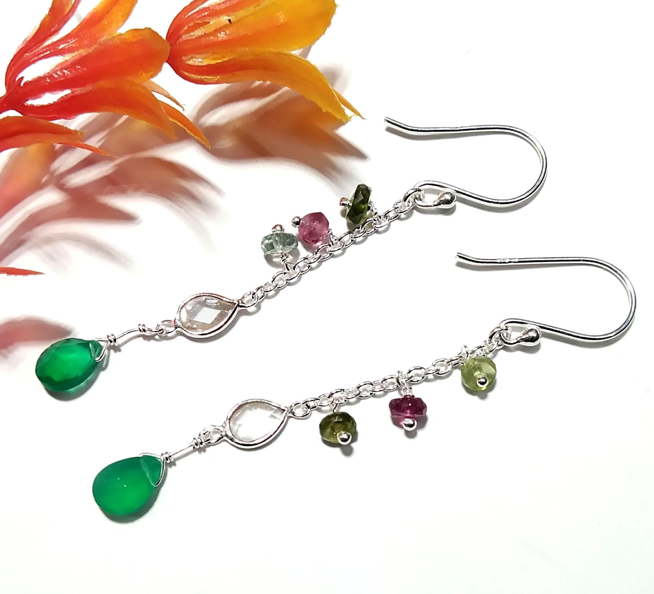 Natural Multi Tourmaline And Green Onyx Gemstone Earrings, 925 Sterling Silver Earring Handmade Making Jewelry Earring, For Girls & Women.