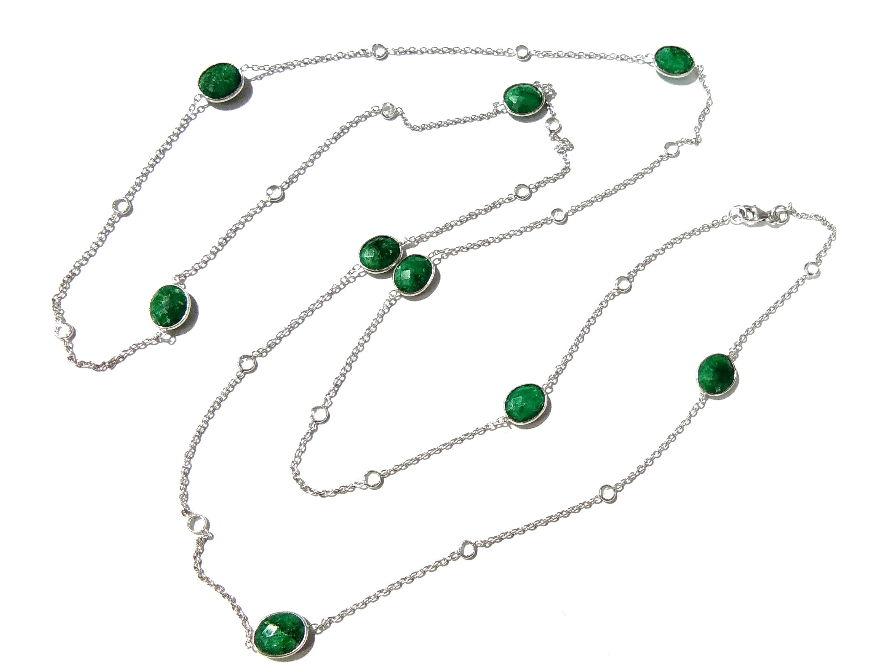 Emerald Necklace Chain,  925 Sterling Silver With Zircon Polky Necklace, Handmade Bezel Necklace, 40" Inches Length.