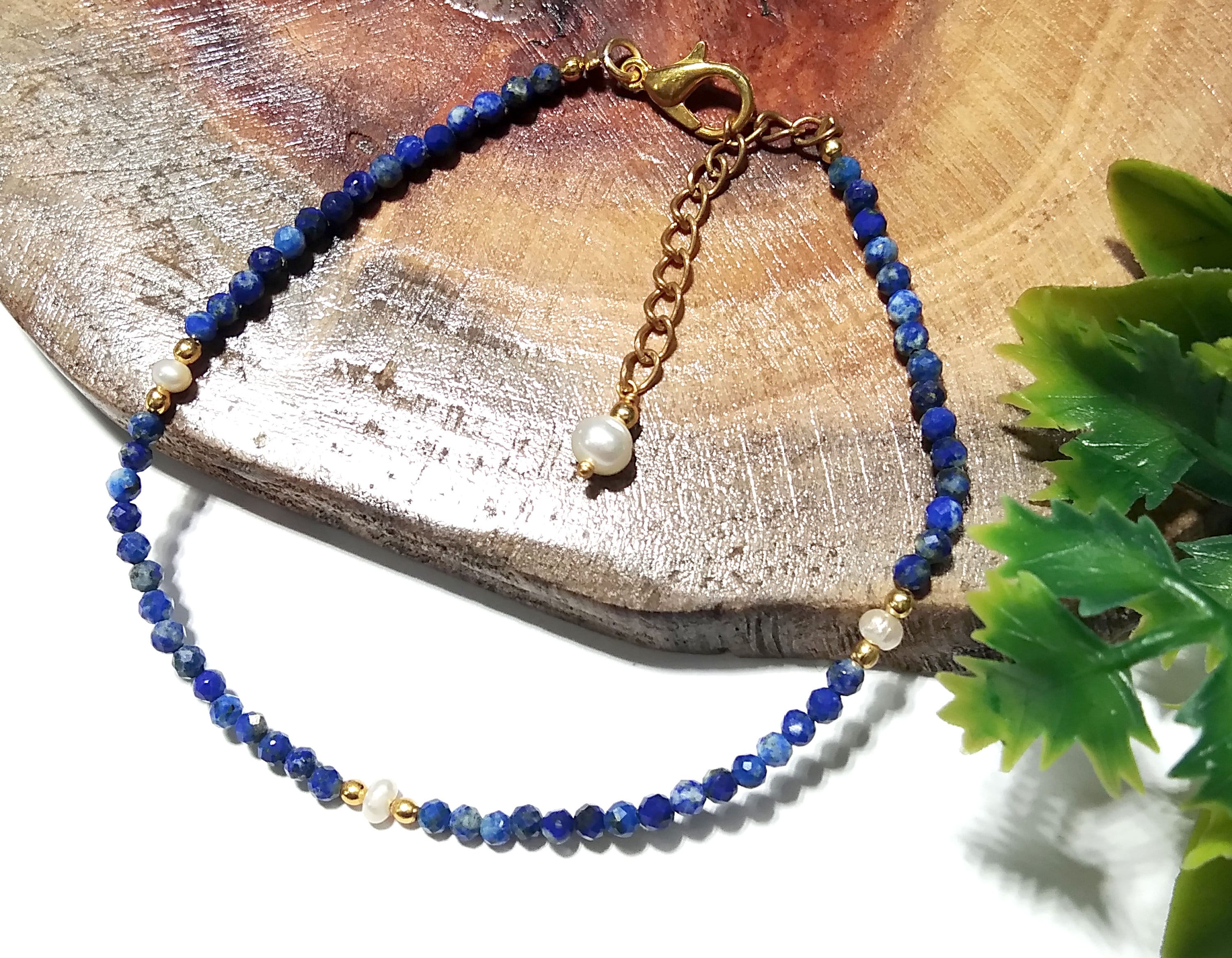Natural Lapis Lazuli Faceted & Pearl Bracelet, 925 Sterling Silver Stone Bracelet, Top Amazing Quality Gold Silver Making Pearl Bracelet