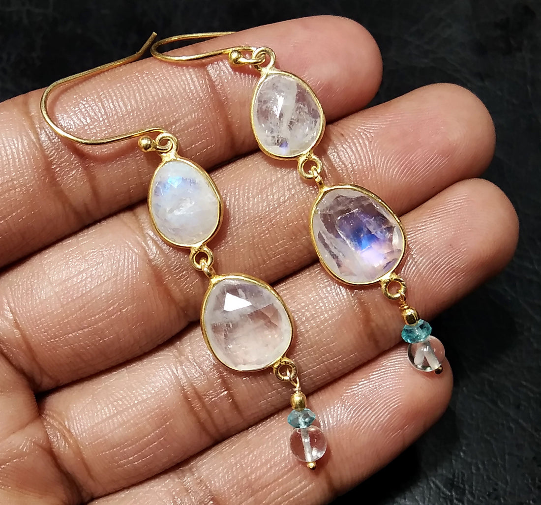 Natural Rainbow Moonstone Blue Fire Stone Earring, 925 Solid Starling Silver With Gold Plated Earring, Gift Item For Girls/Women Earring