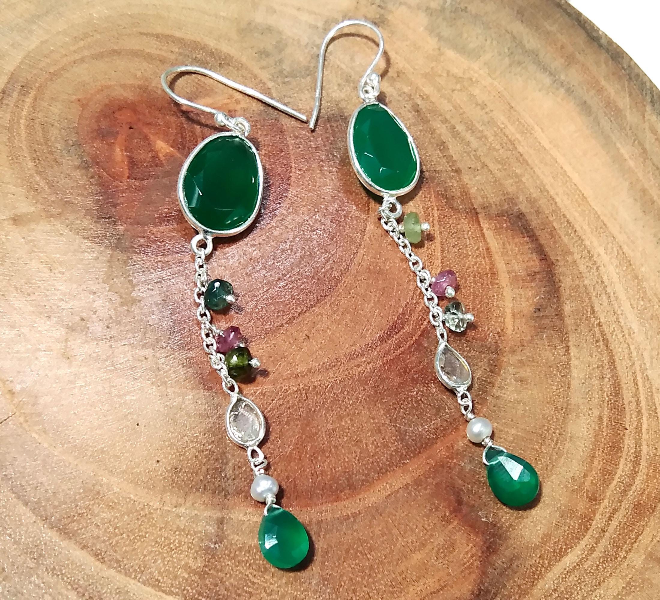 Natural Multi Tourmaline And Green Onyx Gemstone Earrings, 925 Sterling Silver Earring Handmade Making Jewelry Earring, For Girls & Women.