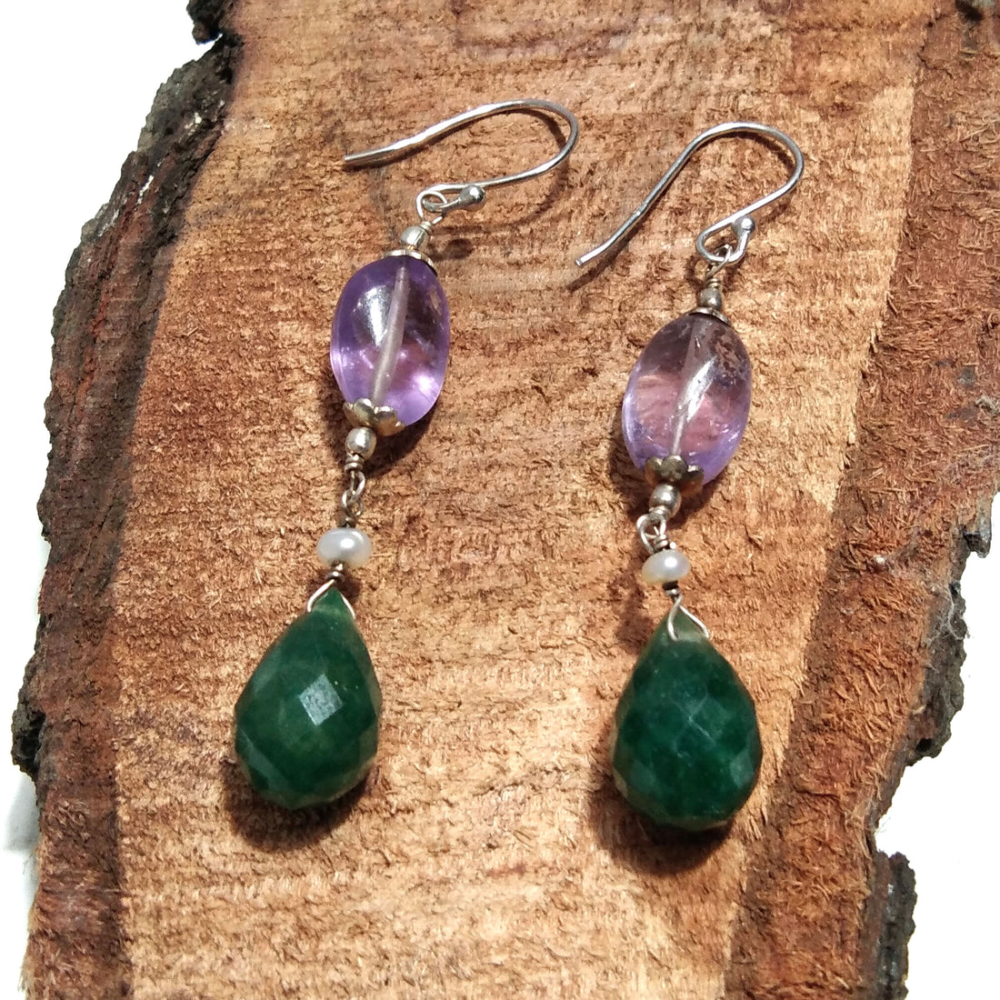 Natural Purple Amethyst/Green Jade Earring, 925 Solid Starling Silver Earring, Amethyst Stone Handmade Gift Women Christmas Earring