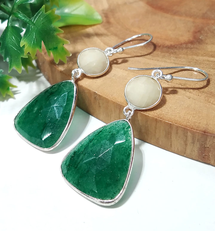 Natural Yellow Sapphire & Green Jade Earring, Beautiful Nice Earring, 925 Solid Starling Silver Earring, Handmade Bezel Earring.