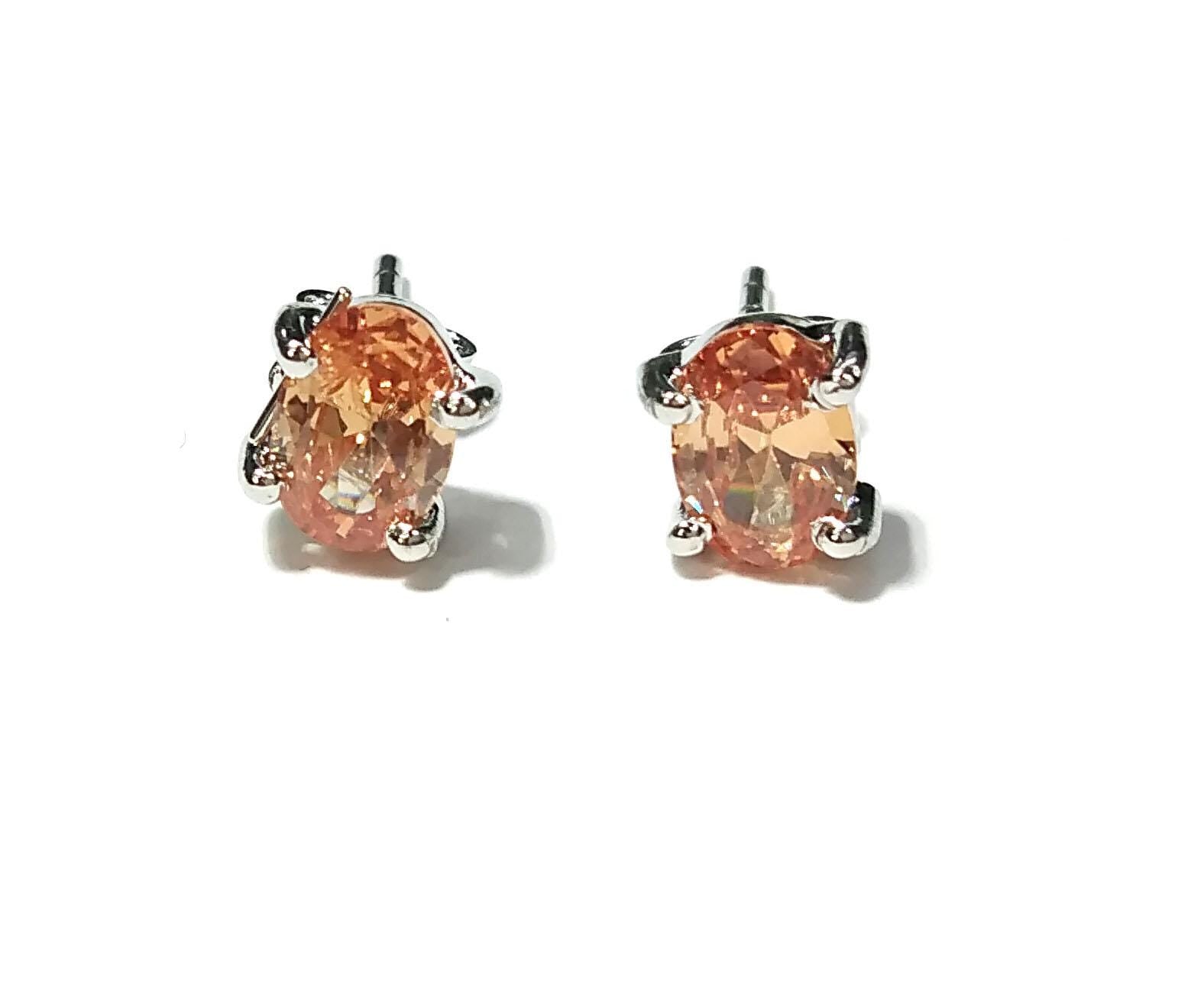 Orange Cubic Zircon Studs Earring, Natural Orange Zircon Oval Shape Studs, Solid 925 Starling Silver Earring, For Gilrs & Women Earrings