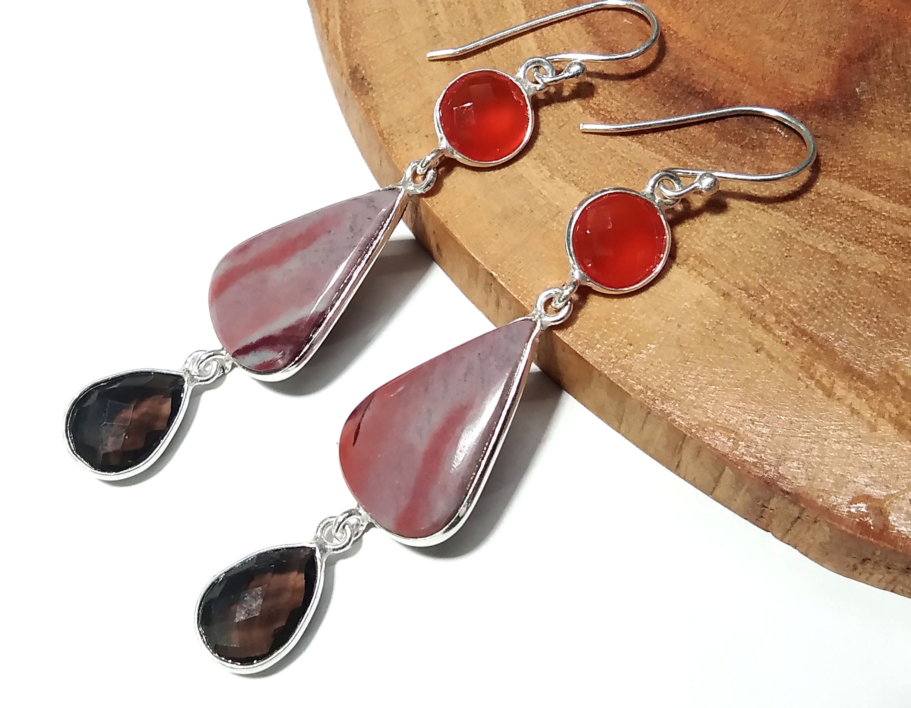 Natural Red Creek Jasper,Smoky Quartz & Carnelian Gemstone Earring, 925 Starling Silver Earring Handmade Jewelry, Gift Earring Jewelry Women