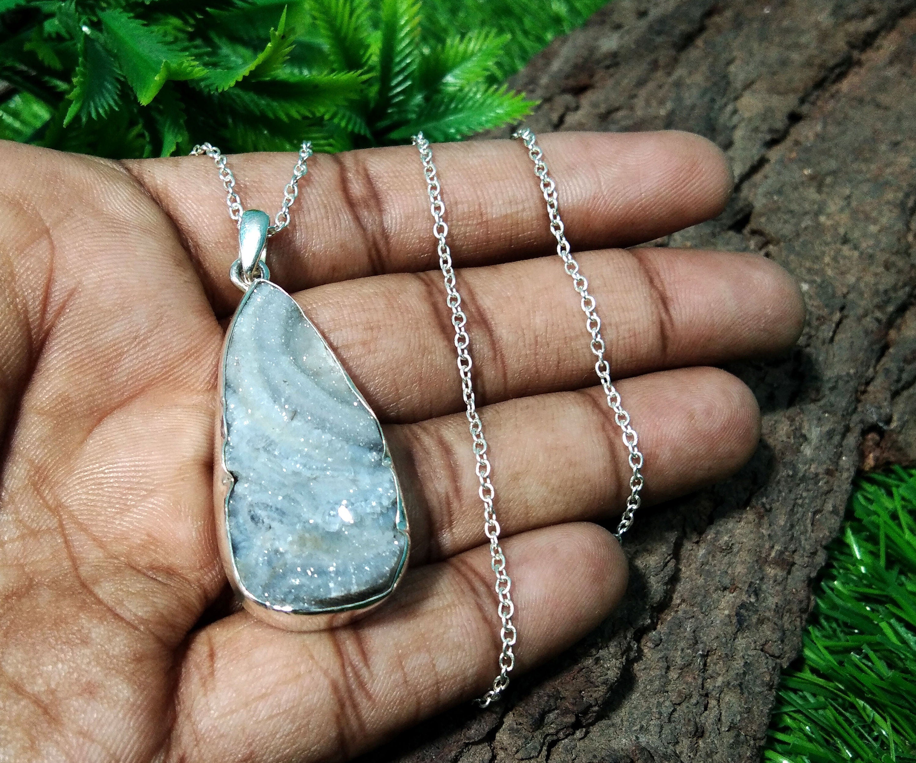 Beautiful Natural Desert Druzy Gemstone Pendant Chain Necklace, 925 Starling Silver Pendant, Handmade Gift Jewelry Wedding Pendant Stone