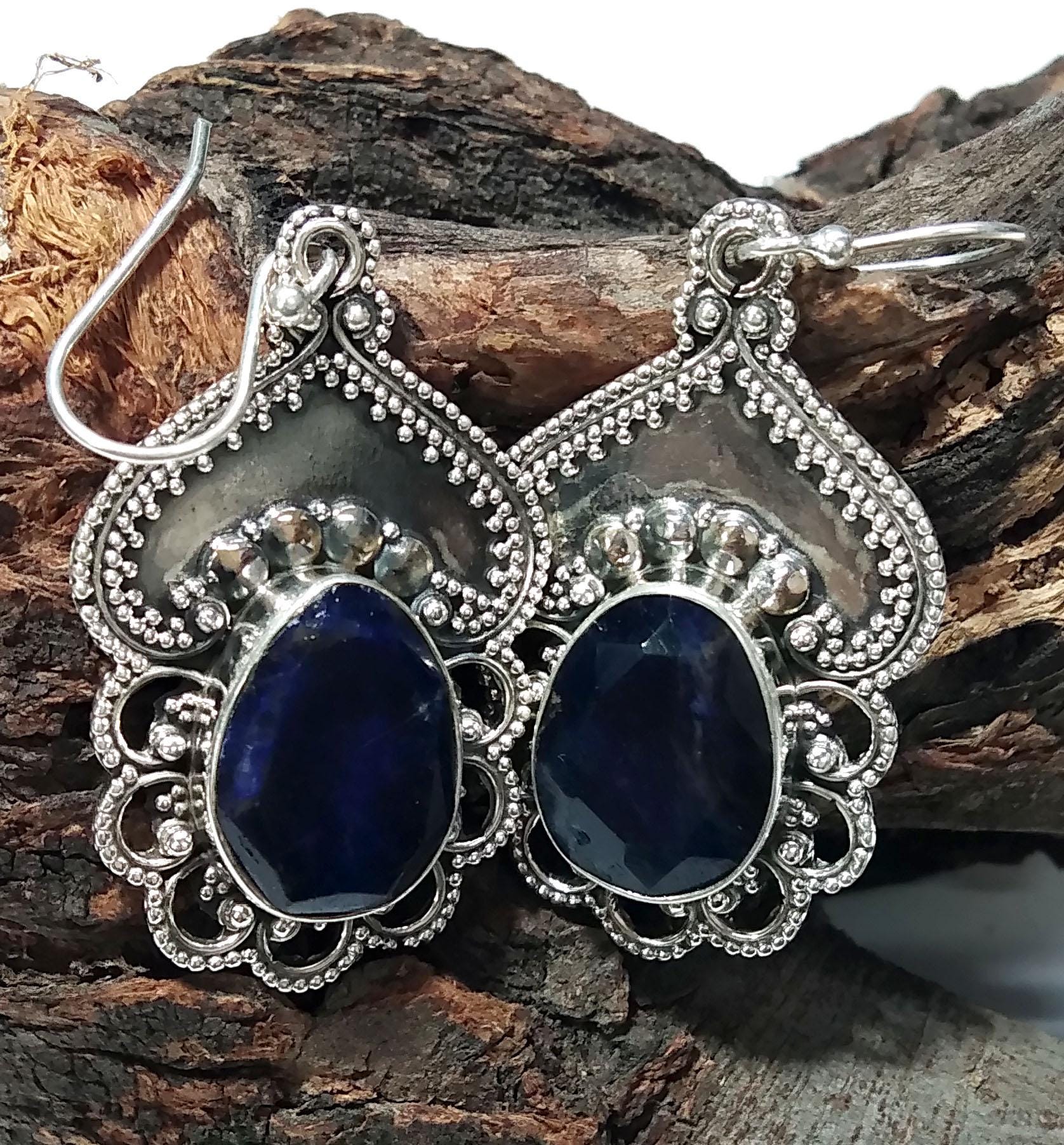 Natural Blue Sapphire Earrings Gemstone, 925 Solid Starling Silver Earring Jewelry, Oval Shape Stone Size 16x12 mm Sapphire For Gift Earring