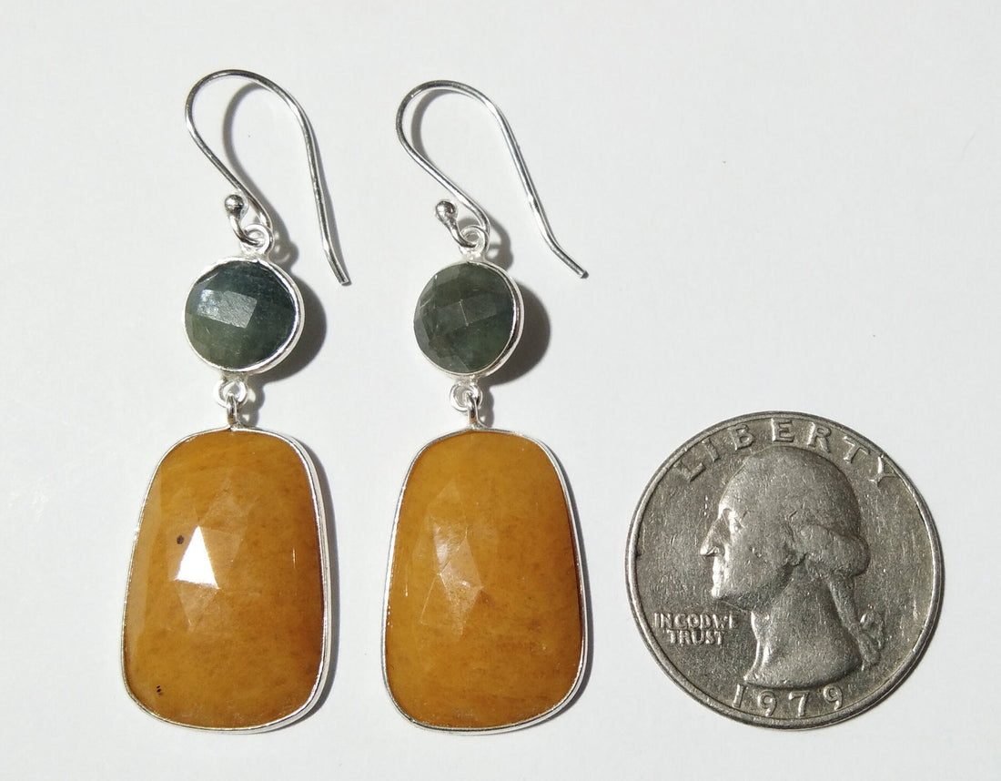 Natural Blue Sapphire, Yellow Jade Earring, Nice Bezel Earring, Beautiful Gemstone Earring, 925 Starling Silver Earring, Handmade Earring.